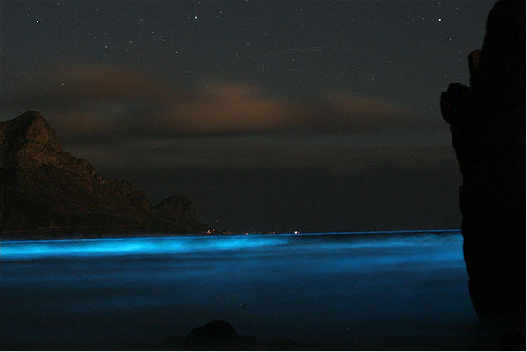 Figure 10: . The long-exposure photograph of 26 February 2007 shows the luminous glow the phytoplankton can produce (image credit: NASA Earth Observatory, photograph by Bruce Anderson (University of Stellenbosch). Story by Adam Voiland)