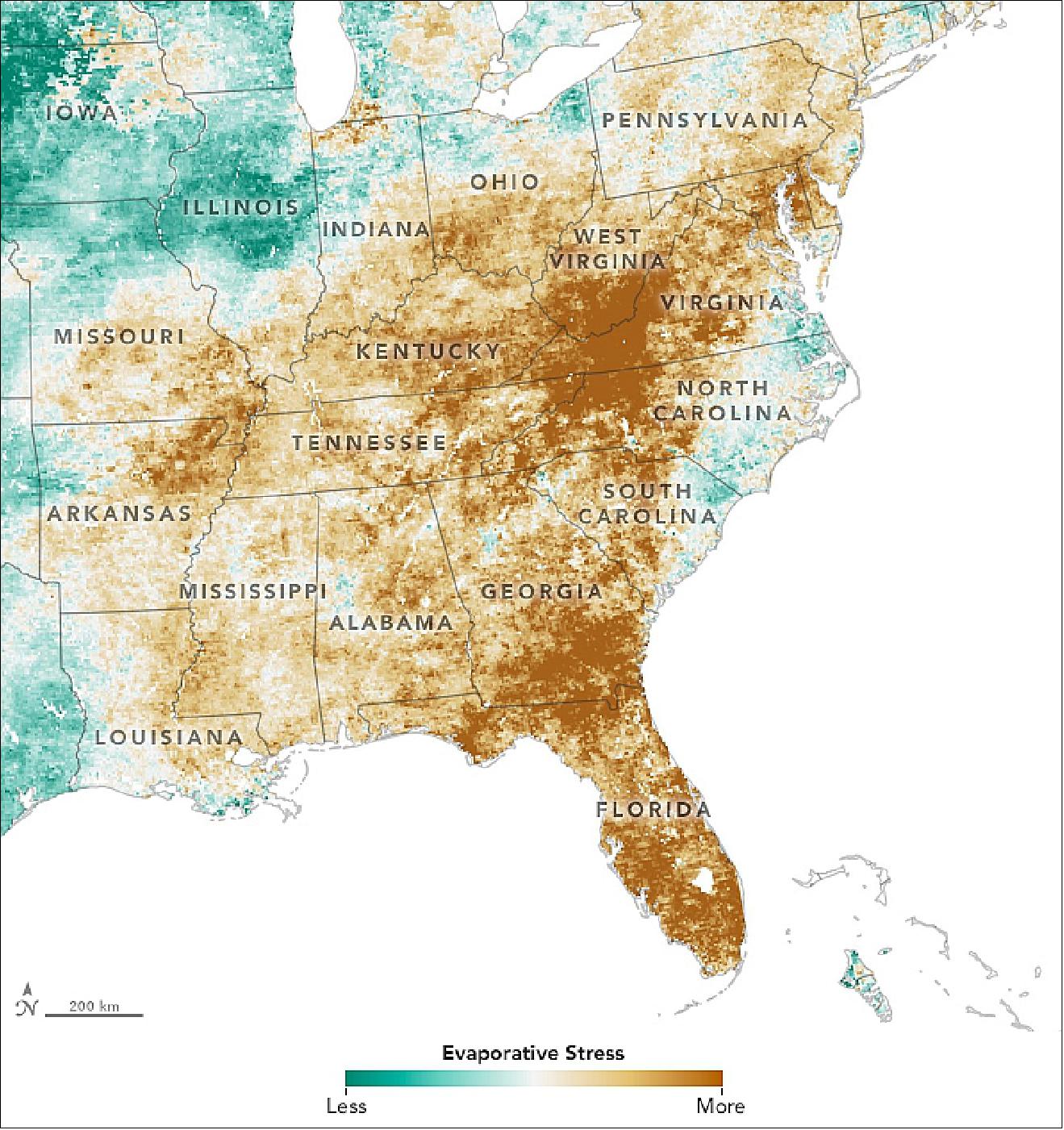Figure 6: This map highlights the rapid onset of drought conditions (brown), shown in the period between September 10 and October 8, the peak of the drought. Rainstorms in recent weeks have lessened drought conditions somewhat (image credit: NASA Earth Observatory, image by Lauren Dauphin using ESI data)
