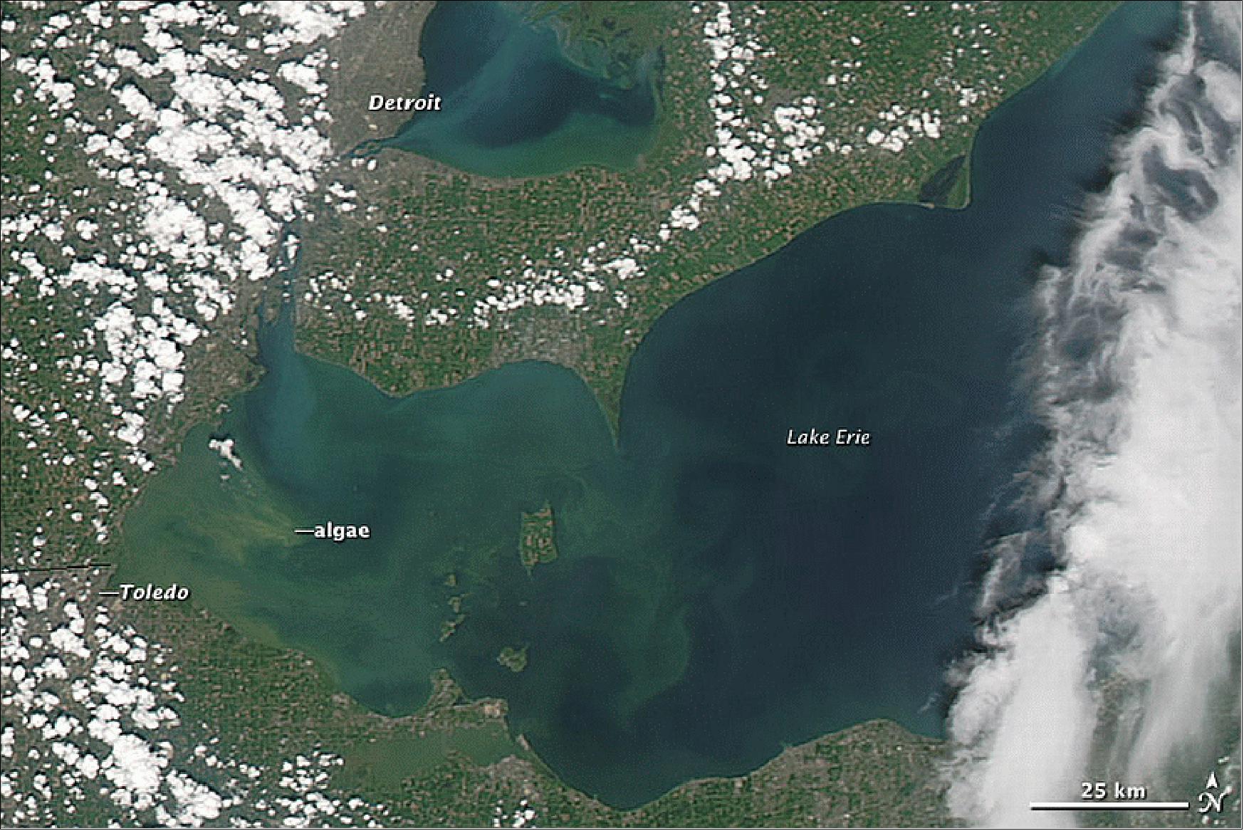 Figure 126: Algae bloom on Lake Erie acquired with the Aqua MODIS instrument on August 3, 2014 (image credit: NASA Earth Observatory)