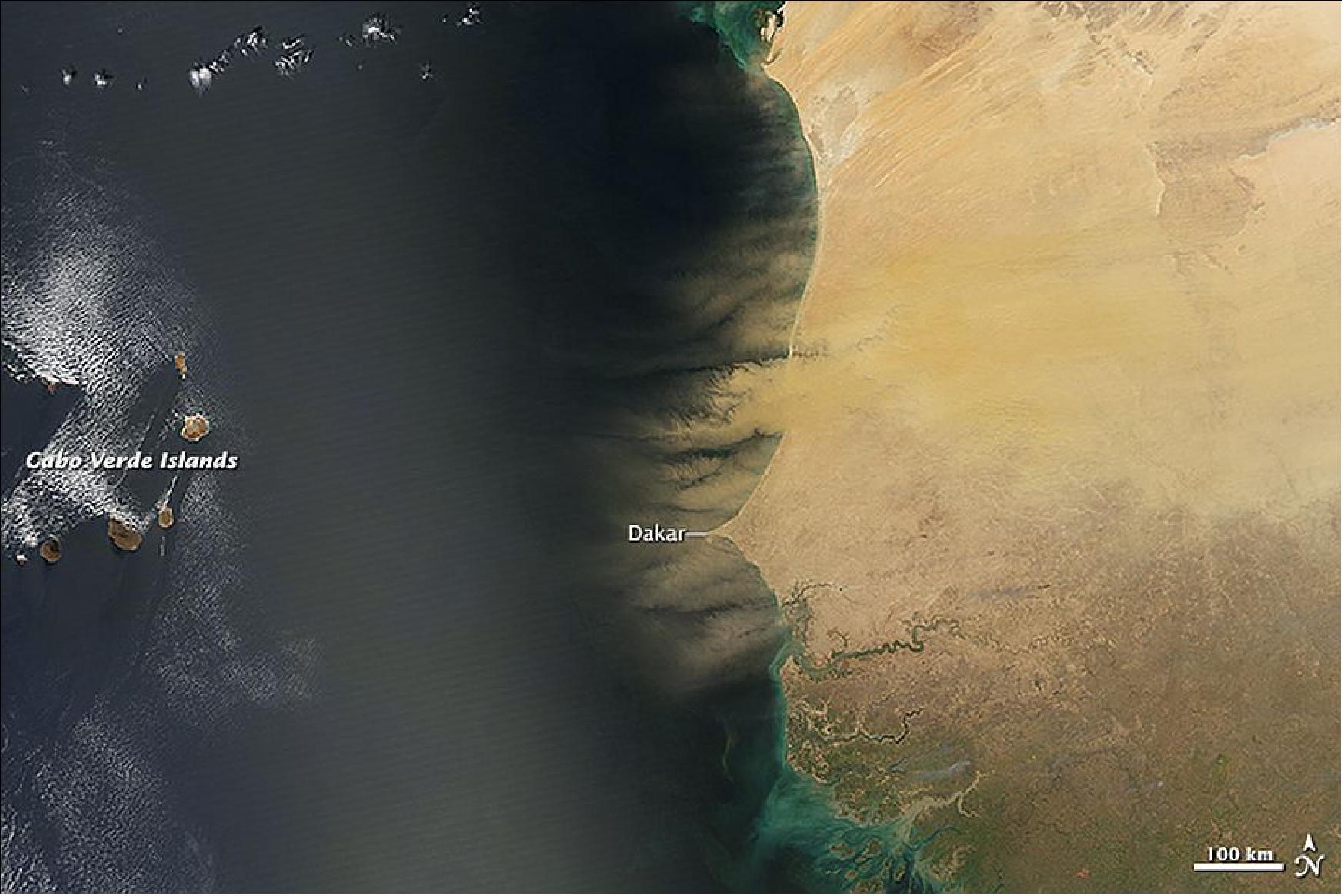 Figure 125: Thick dust plumes obscure Africa’s coast in this MODIS image acquired on Feb. 26, 2015 (image credit: NASA Earth Observatory)