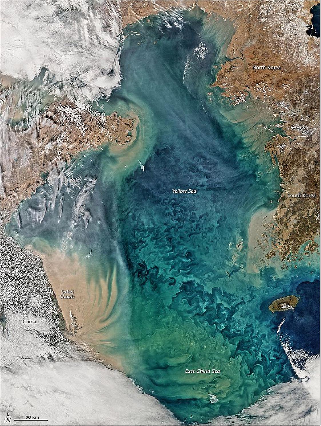Figure 124: The Yellow Sea, pictured here in an image acquired on February 24, 2015, by the MODIS instrument on NASA’s Aqua satellite (image credit: NASA Earth Observatory)