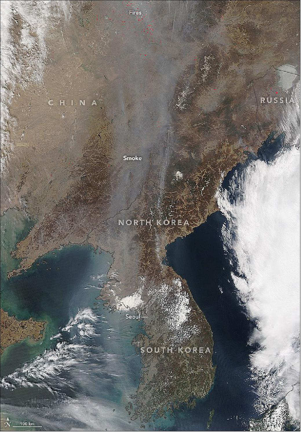 Figure 122: On April 15, 2015, the MODIS instrument on Aqua acquired this image, which shows smoke from fires in China blowing south over the Korean peninsula (image credit: NASA, Jeff Schmalz)