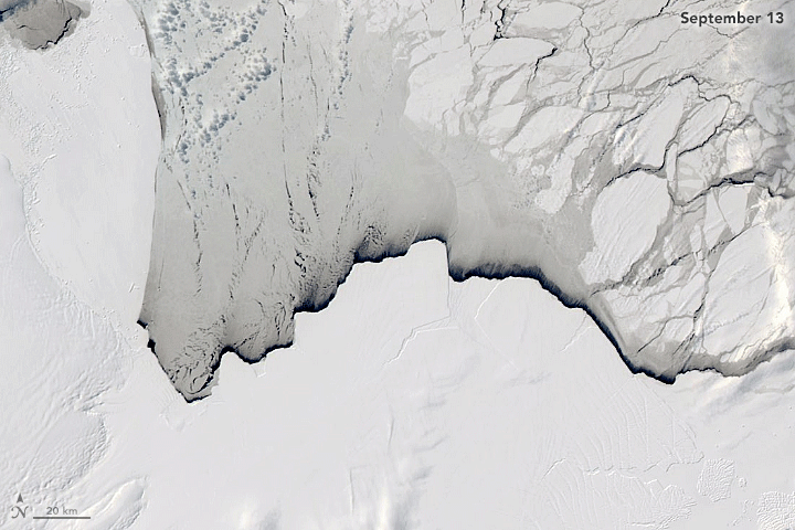 Figure 11: The ice shelf in East Antarctica has spawned its first major iceberg in more than half a century. The animation is composed of images from the MODIS instruments on NASA’s Aqua and Terra satellites; it shows the iceberg on six relatively cloud-free days between September 13 and October 2, 2019. The iceberg, named D-28, measures 1636 km2. For comparison, that’s about the same area spanned by the city of Houston (image credit: NASA Earth Observatory image by Lauren Dauphin, using MODIS data from NASA EOSDIS/LANCE and GIBS/Worldview. Story by Kathryn Hansen)