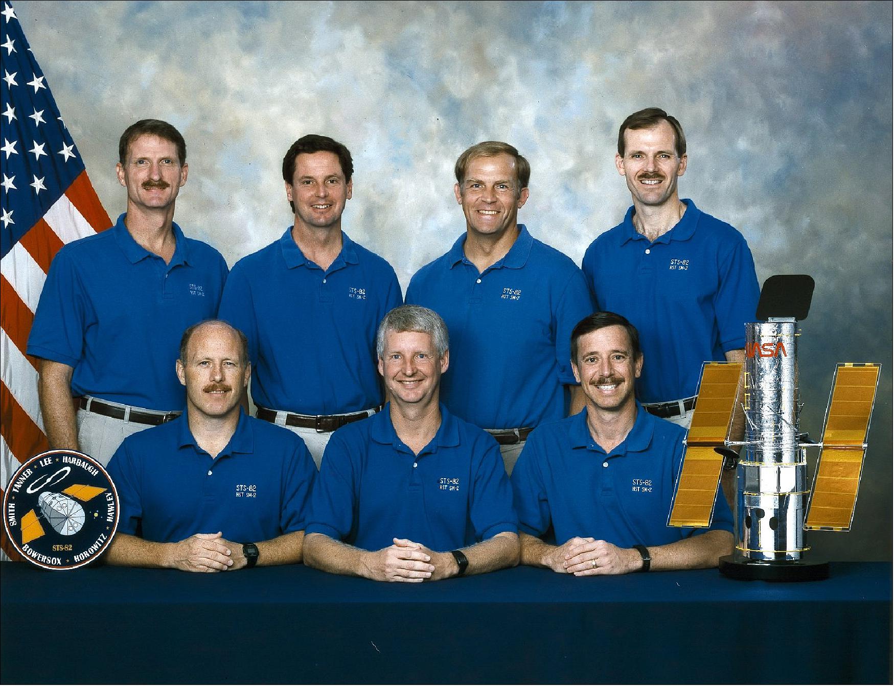 Figure 57: STS-82 Crew photo with Commander Kenneth D. Bowersox, Pilot Scott J. Horowitz, Mission Specialists Mark C. Lee, Steven A.Hawley, Gregory J. Harbaugh, Steven L. Smith and Joseph R. Tanner (image credit: NASA)