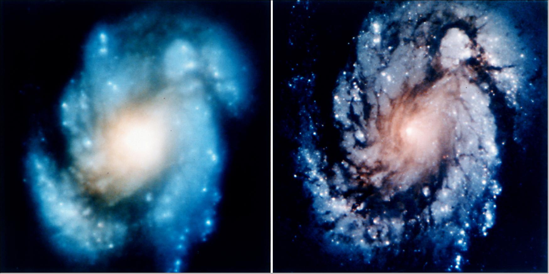 Figure 55: This comparison image of the core of the galaxy M100 shows the dramatic improvement in Hubble Space Telescope's view of the universe after the first servicing mission in December 1993. The original view, taken a few days before the servicing mission, is on the left (image credit: NASA, Ref. 76)