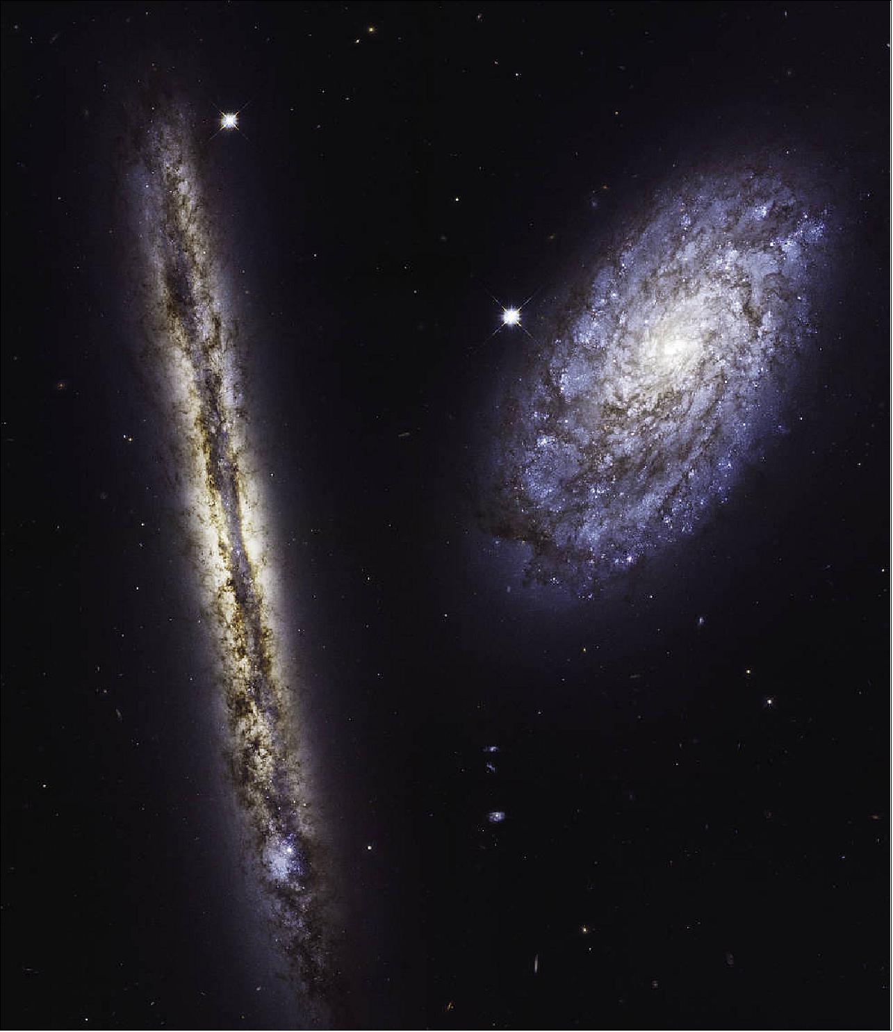 Figure 45: HST images of spiral galaxies NGC 4302 (left) and NGC 4298 (right), both located 55 million light-years away. They were observed by Hubble to celebrate its 27th year in orbit. The image in visible and infrared light brilliantly captures their warm stellar glow and brown, mottled patterns of dust [image credit: NASA, ESA, and M. Mutchler (STScI)]