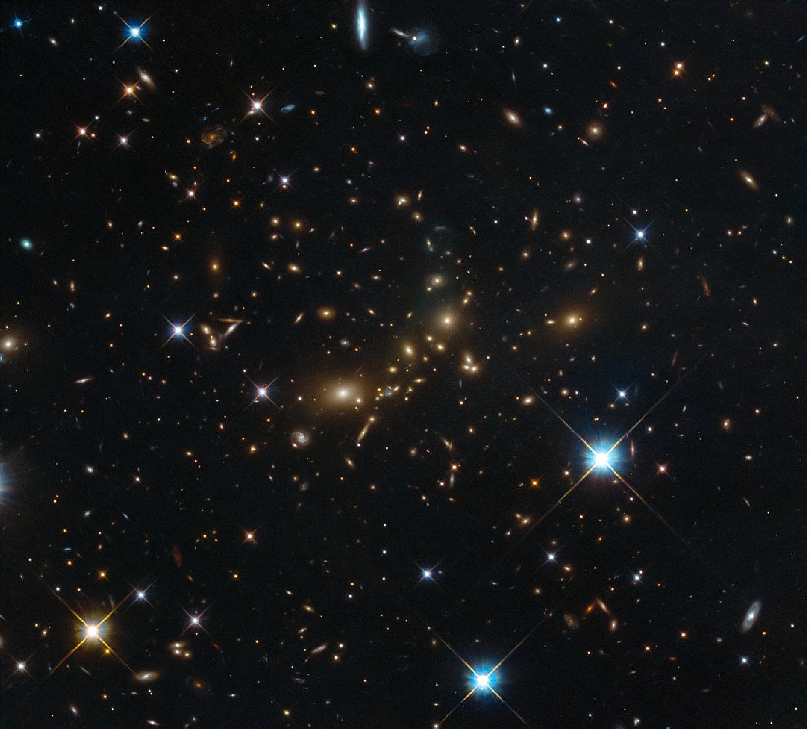 Figure 41: This image was taken by Hubble’s Advanced Camera for Surveys and Wide-Field Camera 3 as part of an observing program called RELICS (Reionization Lensing Cluster Survey). RELICS imaged 41 massive galaxy clusters with the aim of finding the brightest distant galaxies for the forthcoming NASA/ESA/CSA James Webb Space Telescope(JWST) to study (image credit: ESA/Hubble & NASA, RELICS)