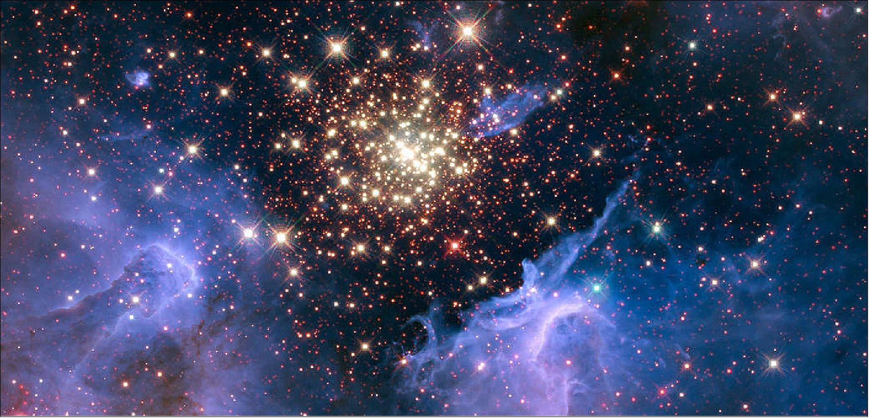 Figure 31: This Hubble Space Telescope image was captured in August 2009 and December 2009 with the Wide Field Camera 3 in both visible and infrared light, which trace the glow of sulfur, hydrogen, and iron [image credit: NASA, ESA, R. O'Connell (University of Virginia), F. Paresce (National Institute for Astrophysics, Bologna, Italy), E. Young (Universities Space Research Association/Ames Research Center), the WFC3 Science Oversight Committee, and the Hubble Heritage Team (STScI/AURA)]