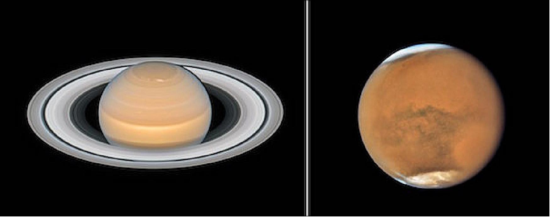 Figure 29: This image shows the recent observations of the planets Mars (right) and Saturn (left) made with the NASA/ESA Hubble Space Telescope. The observations of both objects were made in June and July 2018 and show the planets close to their opposition (image credit: Saturn: NASA, ESA, A. Simon (GSFC) and the OPAL Team, and J. DePasquale (STScI); Mars: NASA, ESA, and STScI)