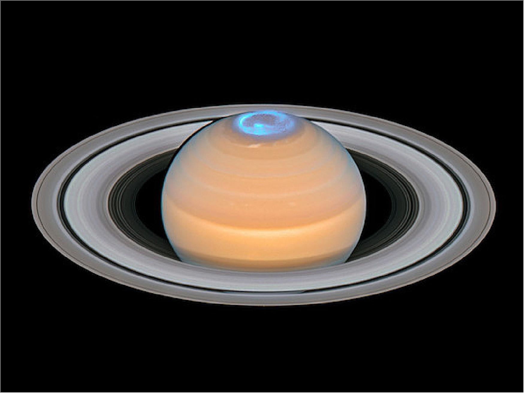 Figure 24: Saturn and its northern auroras (composite image), image credit: ESA/Hubble, NASA, A. Simon (GSFC) and the OPAL Team, J. DePasquale (STScI), L. Lamy (Observatoire de Paris)