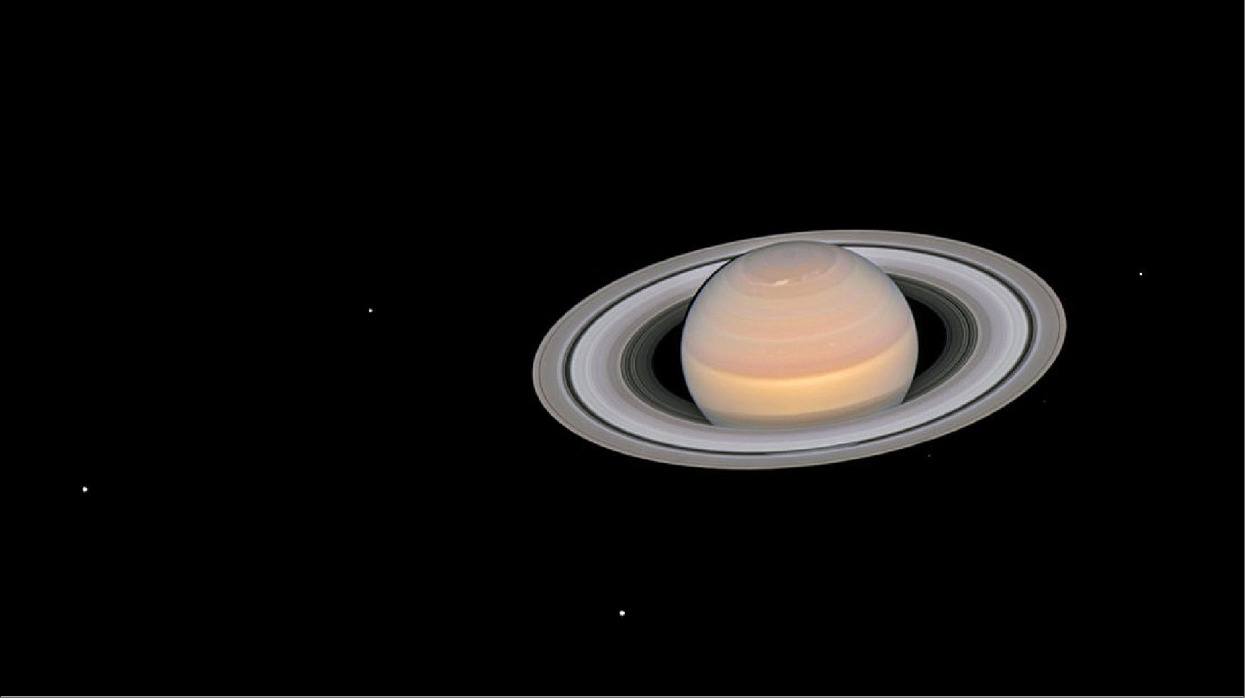 Figure 22: A composite image taken by Hubble on 6 June 2018 showing a fully-illuminated Saturn and its rings, along with six of its 62 known moons. The visible moons are (from left to right) Dione, Enceladus, Tethys, Janus, Epimetheus and Mimas (image credit: NASA, ESA, A. Simon (GSFC) and the OPAL Team, and J. DePasquale (STScI); CC BY 4.0)