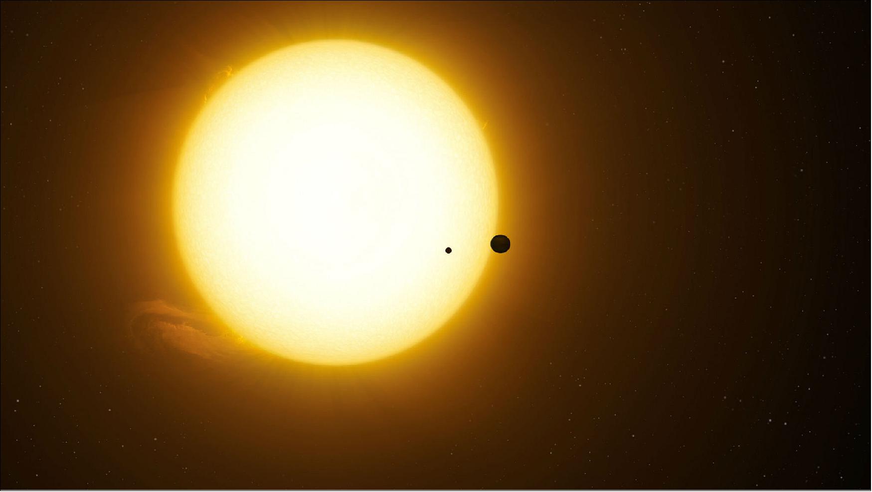 Figure 19: Artist’s impression of the exoplanet Kepler-1625b transiting the star with the candidate exomoon in tow (image credit: Dan Durda)