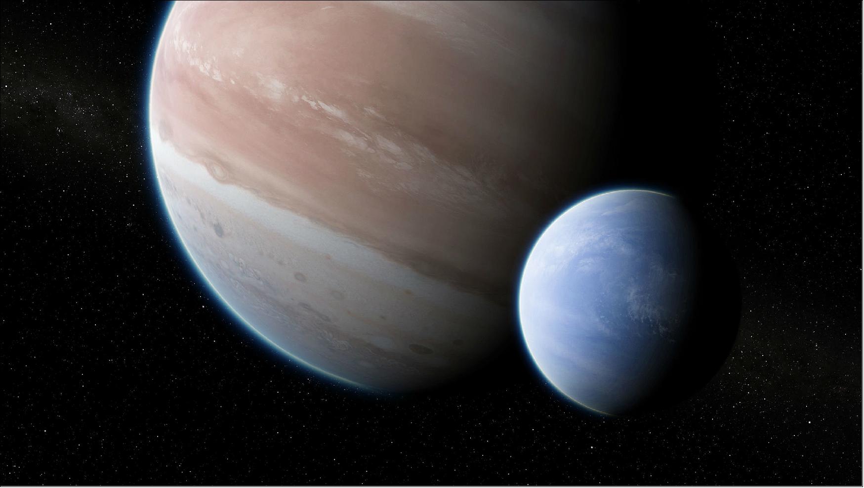 Figure 18: Artist's impression of the exoplanet Kepler-1625b, transiting the star, with the candidate exomoon in tow (image credit: Dan Durda)
