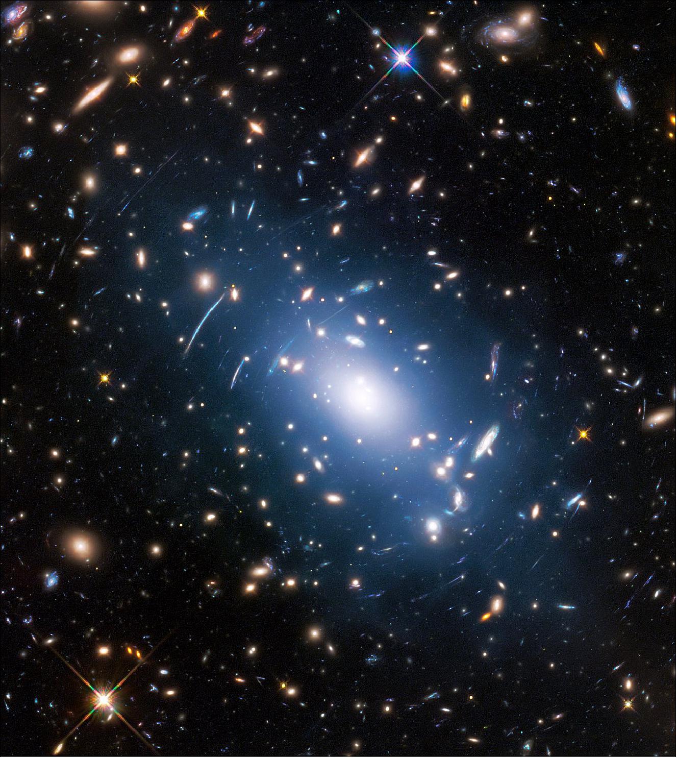 Figure 2: Abell S1063, a galaxy cluster, was observed by the NASA/ESA Hubble Space Telescope as part of the Frontier Fields program. The huge mass of the cluster – containing both baryonic matter and dark matter – acts as cosmic magnification glass and deforms objects behind it. In the past astronomers used this gravitational lensing effect to calculate the distribution of dark matter in galaxy clusters (image credit: NASA, ESA, and M. Montes (University of New South Wales, Sydney, Australia)