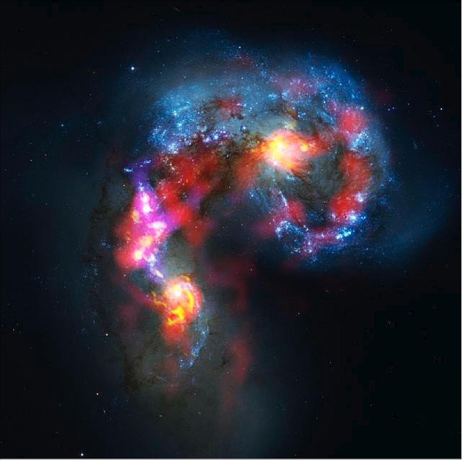 Figure 63: Antennae Galaxies composite of ALMA and Hubble observations (image credit: ALMA (ESO/NAOJ/NRAO); visible light image: the NASA/ESA Hubble Space Telescope)