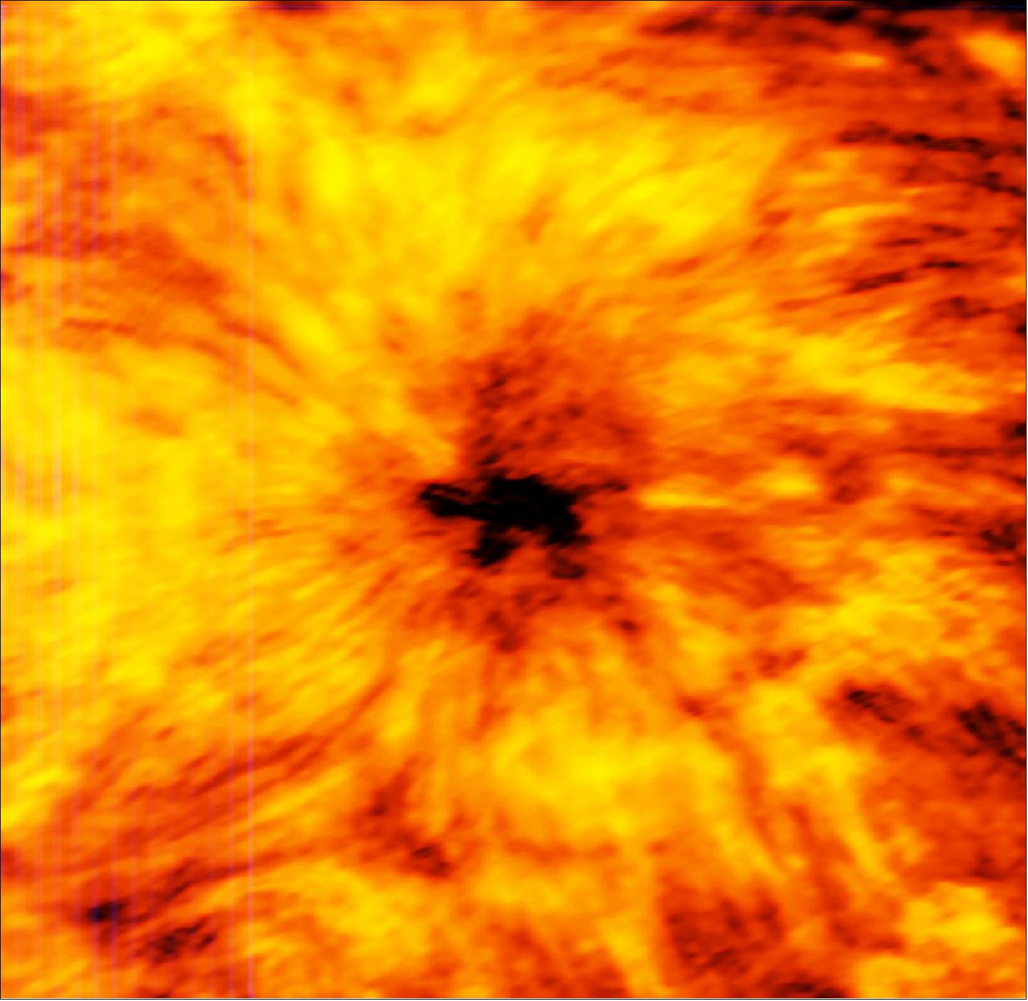 Figure 41: ALMA observed a giant sunspot with the band 6 receiver at the wavelength of 1.25 mm, acquired on Dec. 18, 2015. The sunspot is nearly twice the diameter of the Earth (image credit: ALMA, ESO, NAOJ, NRAO)