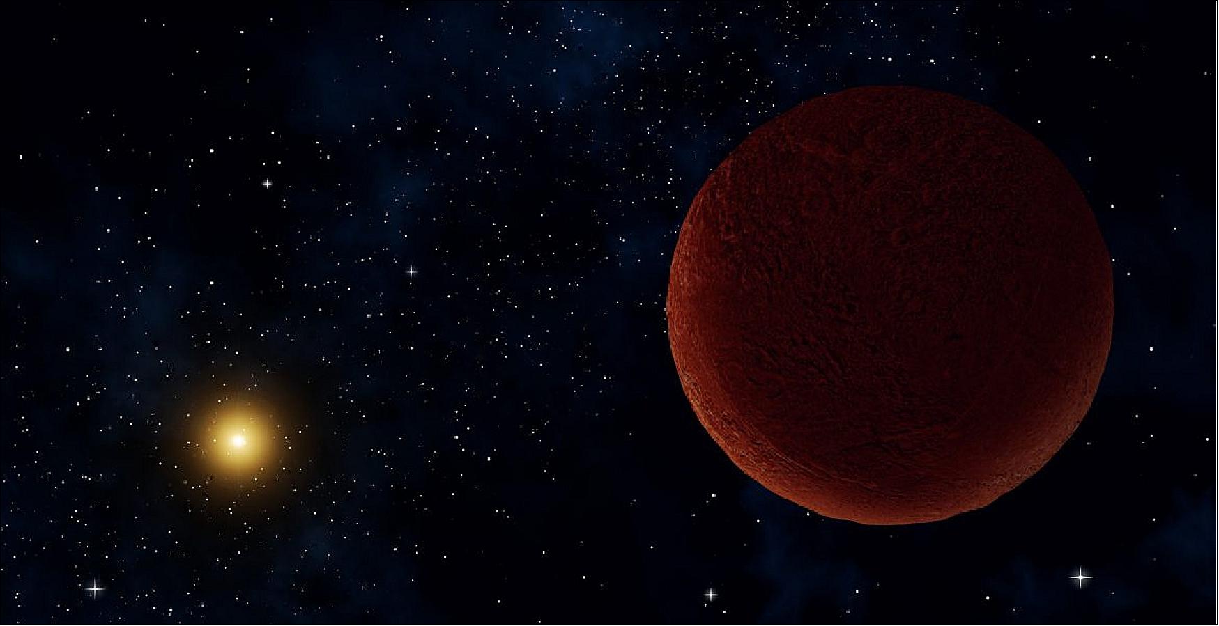Figure 35: Artist concept of the planetary body 2014 UZ224, more informally known as DeeDee. ALMA was able to observe the faint millimeter-wavelength "glow" emitted by the object, confirming it is roughly 635 kilometers across. At this size, DeeDee should have enough mass to be spherical, the criterion necessary for astronomers to consider it a dwarf planet, though it has yet to receive that official designation (image credit: Alexandra Angelich, NRAO/AUI/NSF)