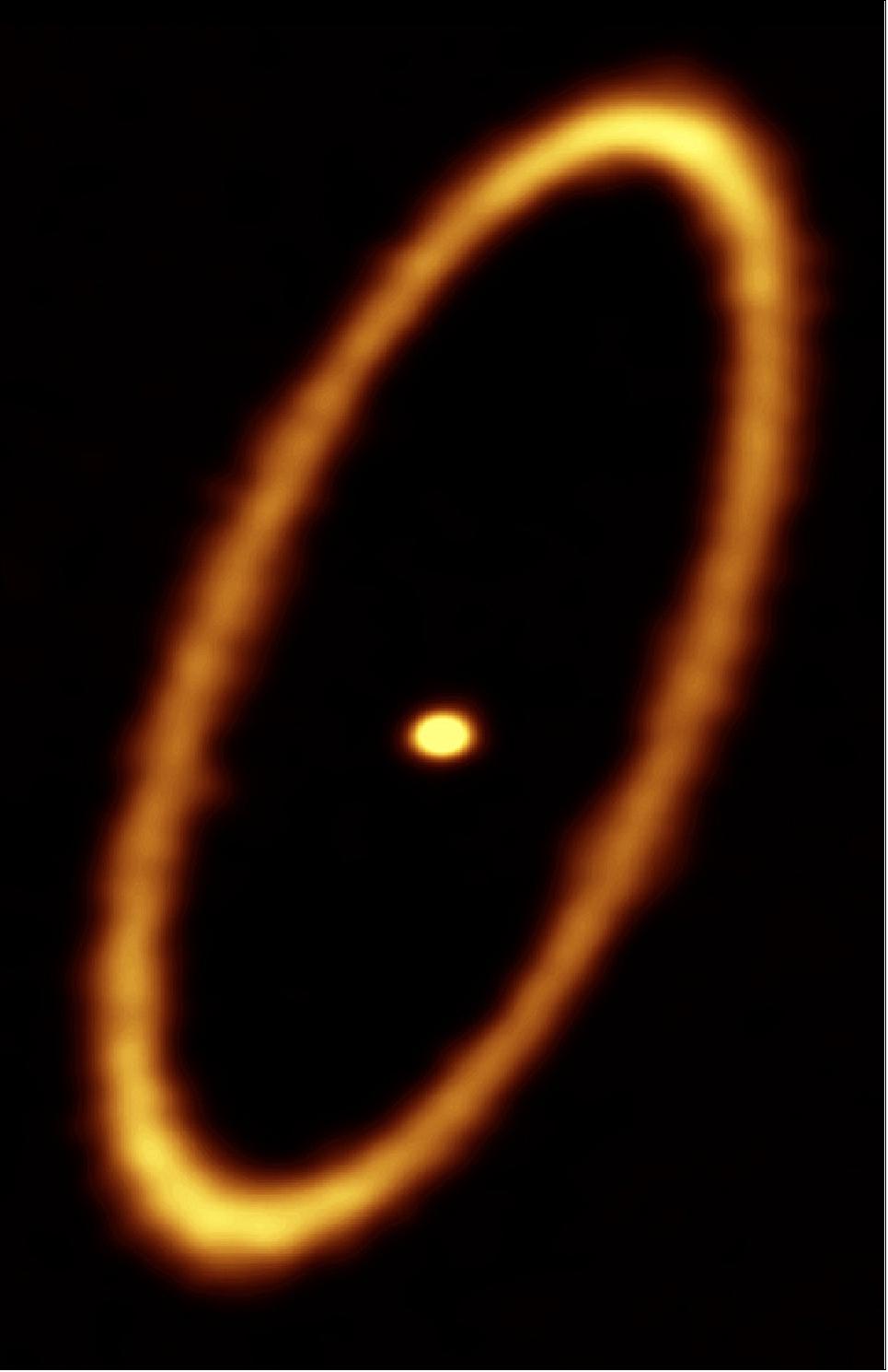 Figure 34: ALMA image of the debris disk in the Fomalhaut star system. The ring is approximately 20 billion kilometers from the central star and it is about 2 billion kilometers wide. The central dot is the unresolved emission from the star, which is about twice the mass of the Sun (image credit: ALMA (ESO/NAOJ/NRAO); M. MacGregor)