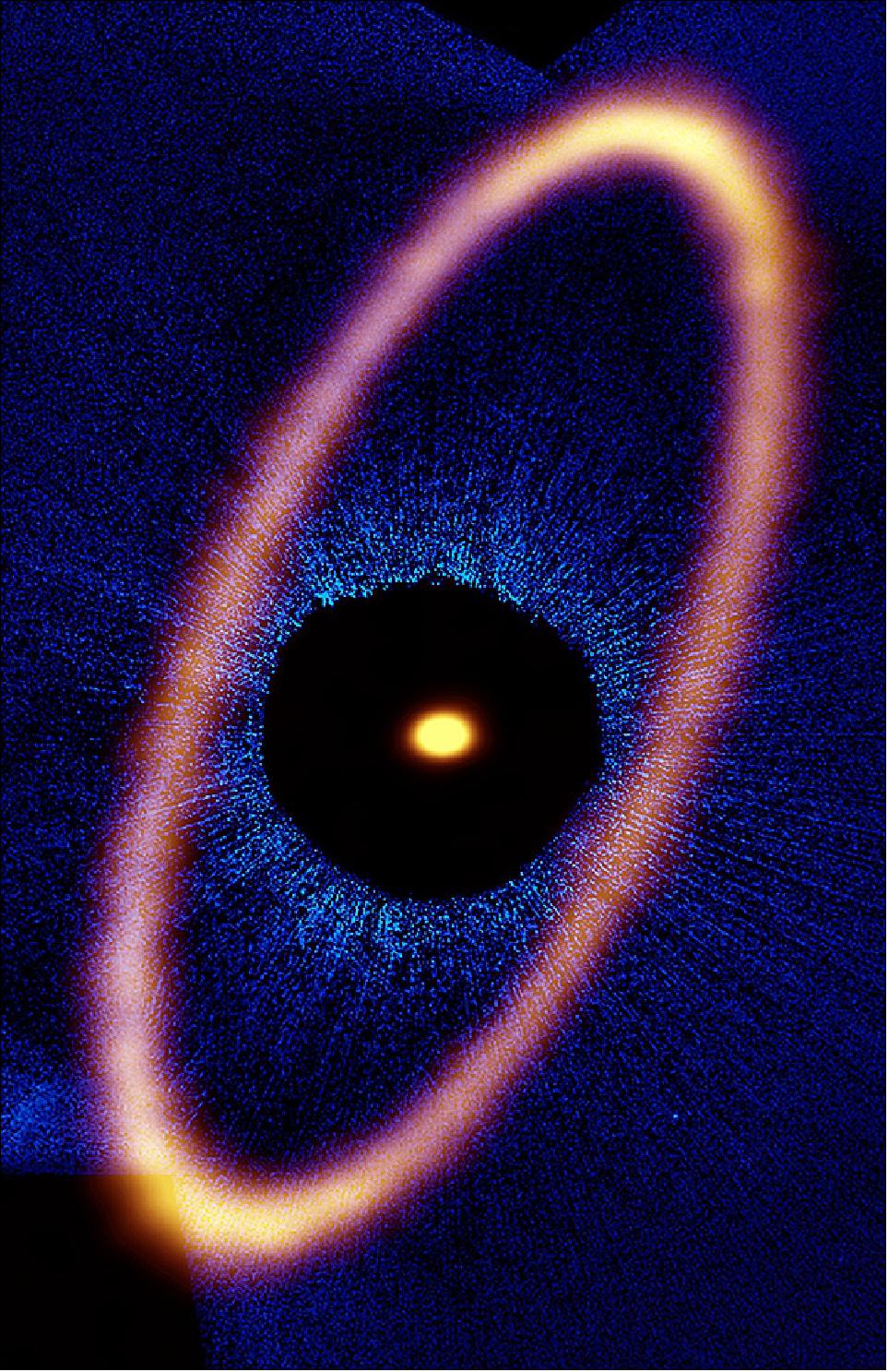Figure 33: Composite image of the Fomalhaut star system. The ALMA data, shown in orange, reveal the distant and eccentric debris disk in never-before-seen detail. The central dot is the unresolved emission from the star, which is about twice the mass of the Sun. Optical data from the Hubble Space Telescope is in blue; the dark region is a coronagraphic mask, which filtered out the otherwise overwhelming light of the central star [image credit: ALMA (ESO/NAOJ/NRAO), M. MacGregor; NASA/ESA Hubble, P. Kalas; B. Saxton (NRAO/AUI/NSF)]