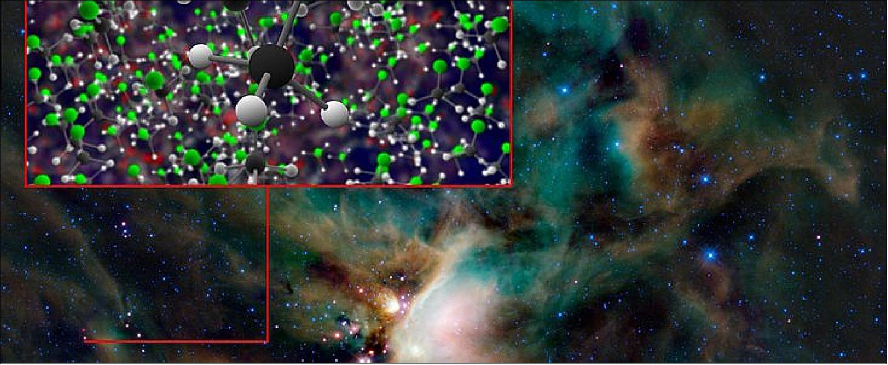 Figure 30: Observations made with ALMA and ESA's Rosetta mission, have revealed the presence of the organohalogen Freon-40 in gas around both an infant star and a comet. Organohalogens are formed by organic processes on Earth, but this is the first ever detection of them in interstellar space. This discovery suggests that organohalogens may not be as good markers of life as had been hoped, but that they may be significant components of the material from which planets form. This result, which appears in the journal Nature Astronomy, underscores the challenge of finding molecules that could indicate the presence of life beyond Earth (image credit: ESO)