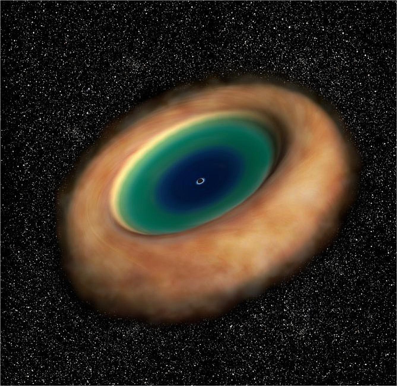 Figure 28: Artist's impression of the dusty gaseous torus around an active supermassive black hole. ALMA revealed the rotation of the torus very clearly for the first time (image credit: ALMA (ESO/NAOJ/NRAO))