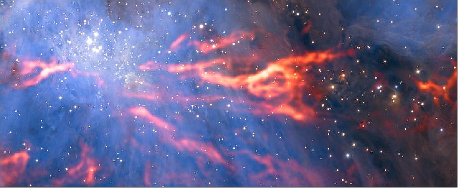 Figure 22: New data from ALMA and other telescopes have been used to create this stunning image showing a web of filaments in the Orion Nebula. These features appear red-hot and fiery in this dramatic picture, but in reality are so cold that astronomers must use telescopes like ALMA to observe them (image credit: ESO)