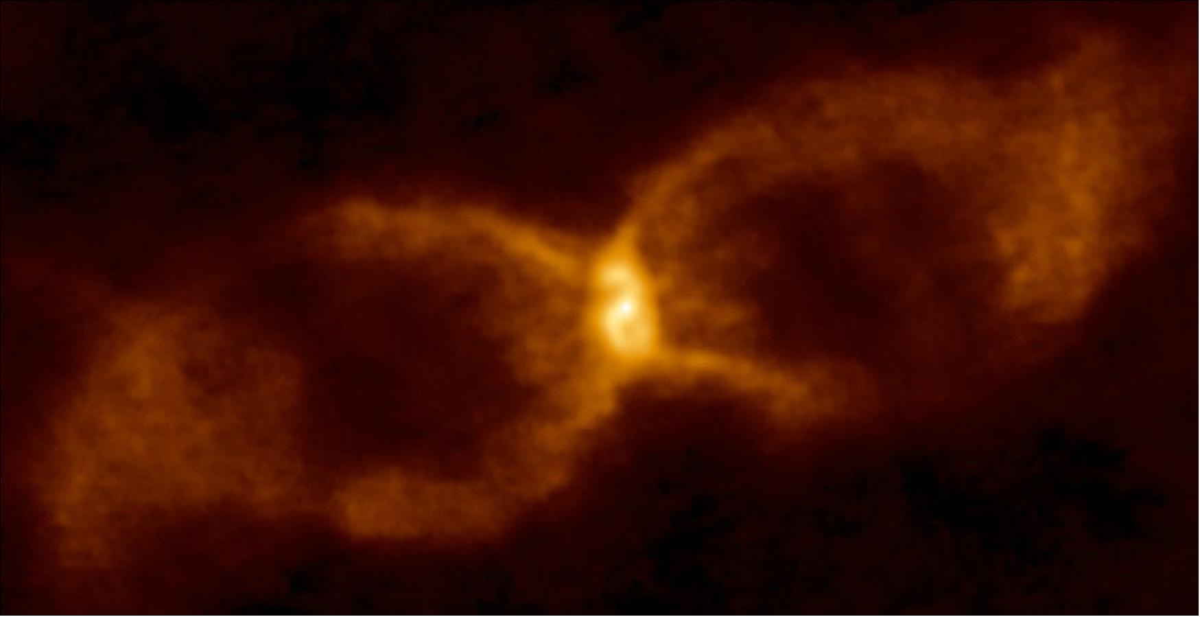 Figure 14: ALMA image of CK Vulpeculae. New research indicates that this hourglass-like object is the result of the collision of a brown dwarf and a white dwarf (image credit: ALMA (ESO/NAOJ/NRAO)/S. P. S. Eyres)