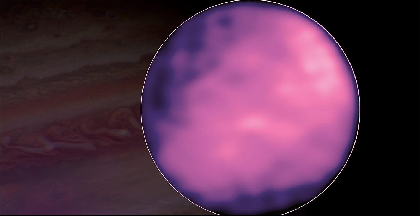 Figure 12: First spatially resolved, complete thermal data set of Jupiter's Icy Moon, Europa. ALMA was able to map out thermal variations on its surface. Hubble image of Jupiter in the background (image credit: ALMA (ESO/NAOJ/NRAO), S. Trumbo et al.; NRAO/AUI NSF, S. Dagnello; NASA/Hubble)