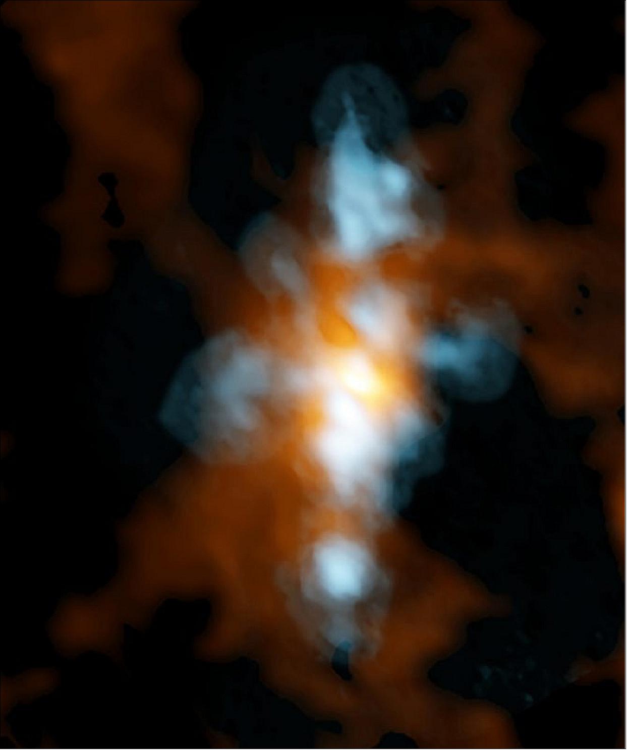 Figure 10: Composite ALMA image of NGC 6334I, a star-forming region in the Cat's Paw Nebula, taken with the Band 10 receivers, ALMA's highest-frequency vision. The blue component is heavy water (HDO) streaming away from either a single protostar or a small cluster of protostars. The orange region is the "continuum emission" in the same region, which scientists found is extraordinarily rich in molecular fingerprints, including glycoaldehyde, the simplest sugar-related molecule (image credit: ALMA (ESO/NAOJ/NRAO): NRAO/AUI/NSF, B. Saxton)