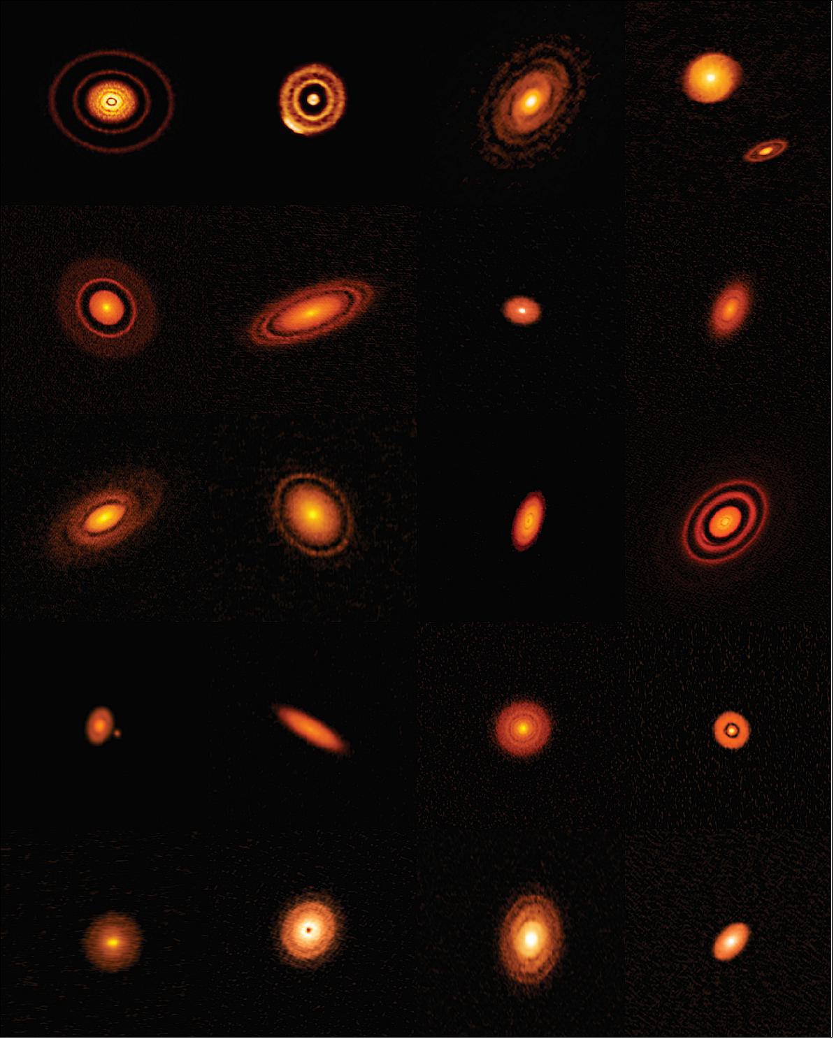 Figure 4: ALMA's high-resolution images of nearby protoplanetary disks, which are results of the Disk Substructures at High Angular Resolution Project (DSHARP), image credit: ALMA (ESO/NAOJ/NRAO), S. Andrews et al.; NRAO/AUI/NSF, S. Dagnello