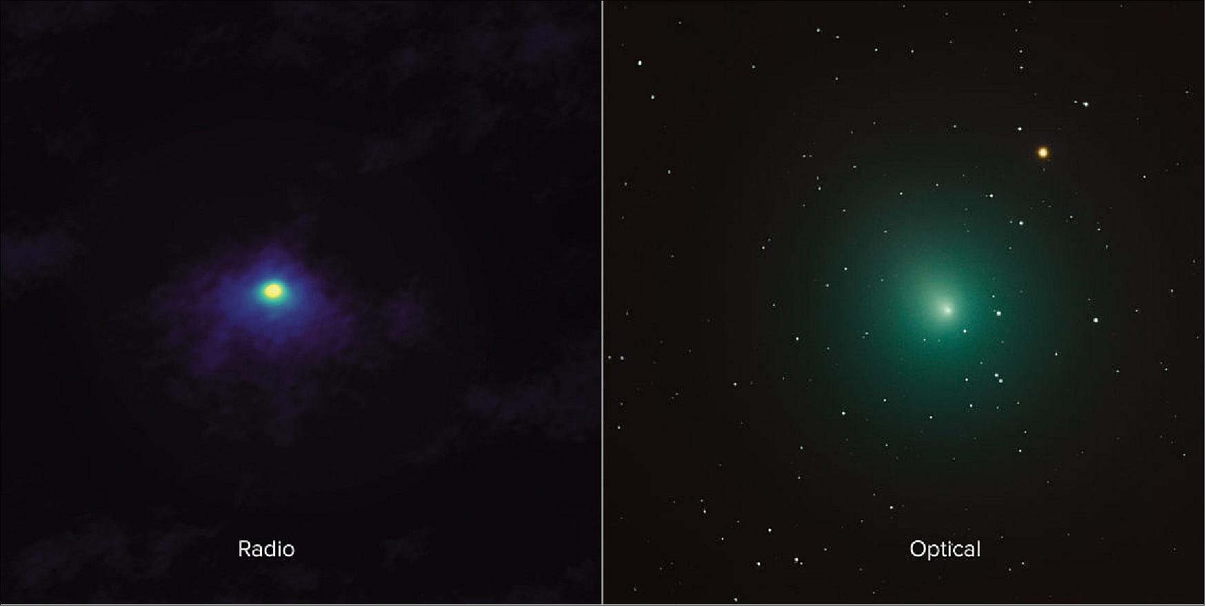 Figure 1: The side-by-side comparison shows an ALMA image of comet 46P/Wirtanen (left) and an optical image (right). The ALMA image has approximately 1000 times the resolution of the optical image and zooms in on the inner portion of the comet's diffuse coma (image credit: ALMA (ESO/NAOJ/NRAO), M. Cordiner, NASA/CUA; Derek Demeter, Emil Buehler Planetarium)