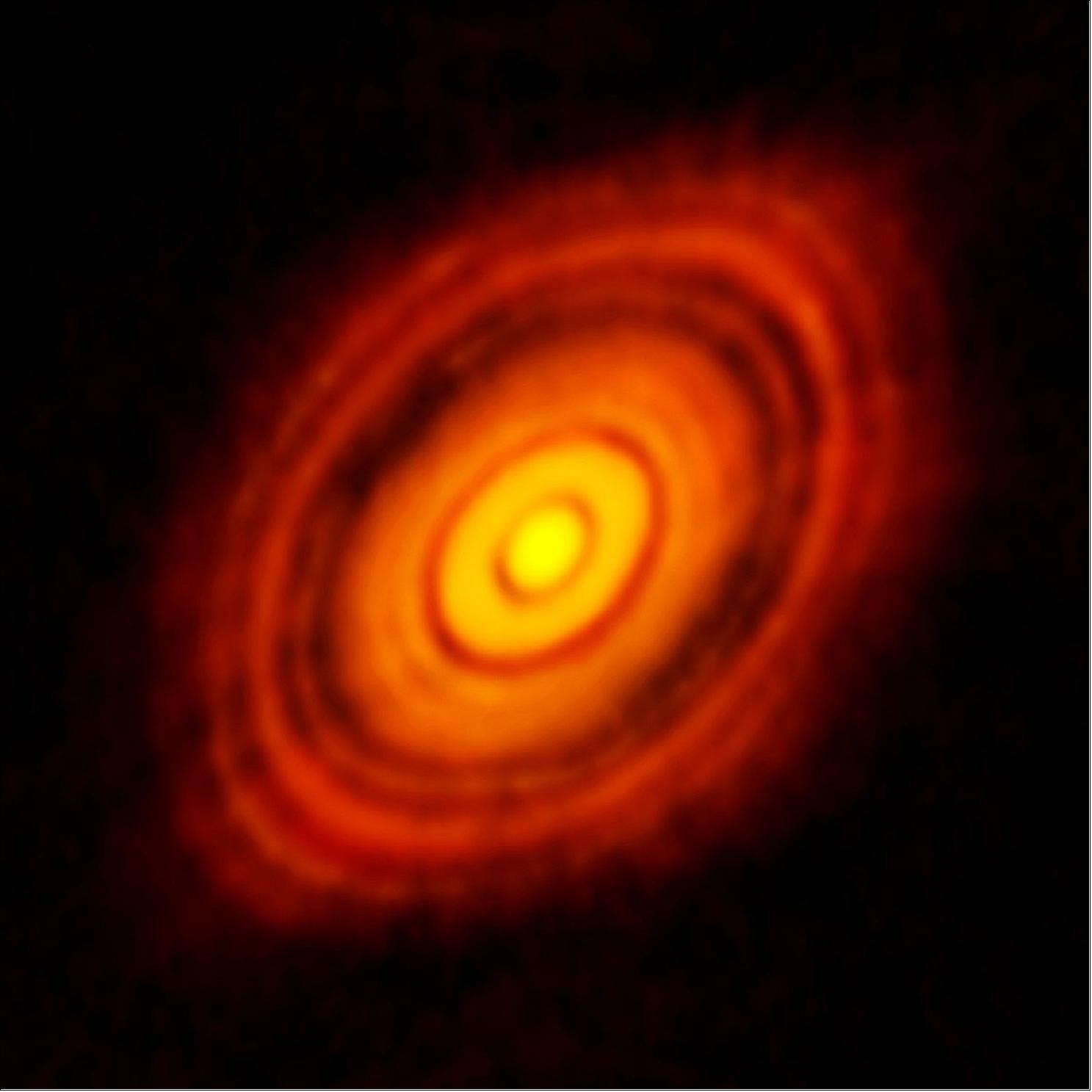 Figure 59: This is the sharpest image ever taken by ALMA — sharper than is routinely achieved in visible light with the NASA/ESA Hubble Space Telescope. It shows the protoplanetary disc surrounding the young star HL Tauri. These new ALMA observations reveal substructures within the disc that have never been seen before and even show the possible positions of planets forming in the dark patches within the system (image credit: ALMA, ESO/NAOJ/NRAO)
