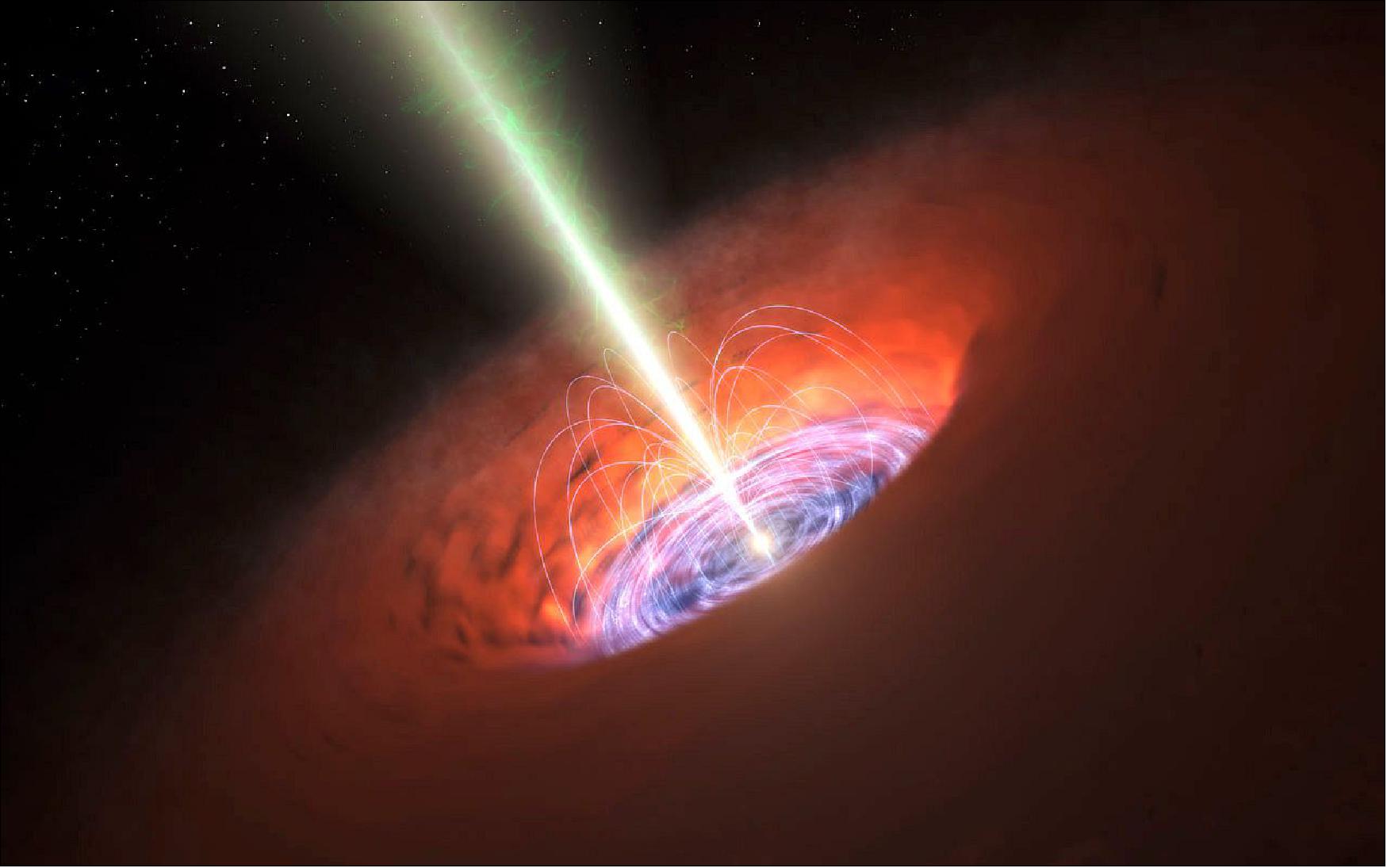 Figure 58: This artist's impression shows the surroundings of a supermassive black hole, typical of that found at the heart of many galaxies. The black hole itself is surrounded by a brilliant accretion disc of very hot, infalling material and, further out, a dusty torus. There are also often high-speed jets of material ejected at the black hole's poles that can extend huge distances into space. Observations with ALMA have detected a very strong magnetic field close to the black hole at the base of the jets and this is probably involved in jet production and collimation (image credit: ALMA,ESO/NAOJ/NRAO)
