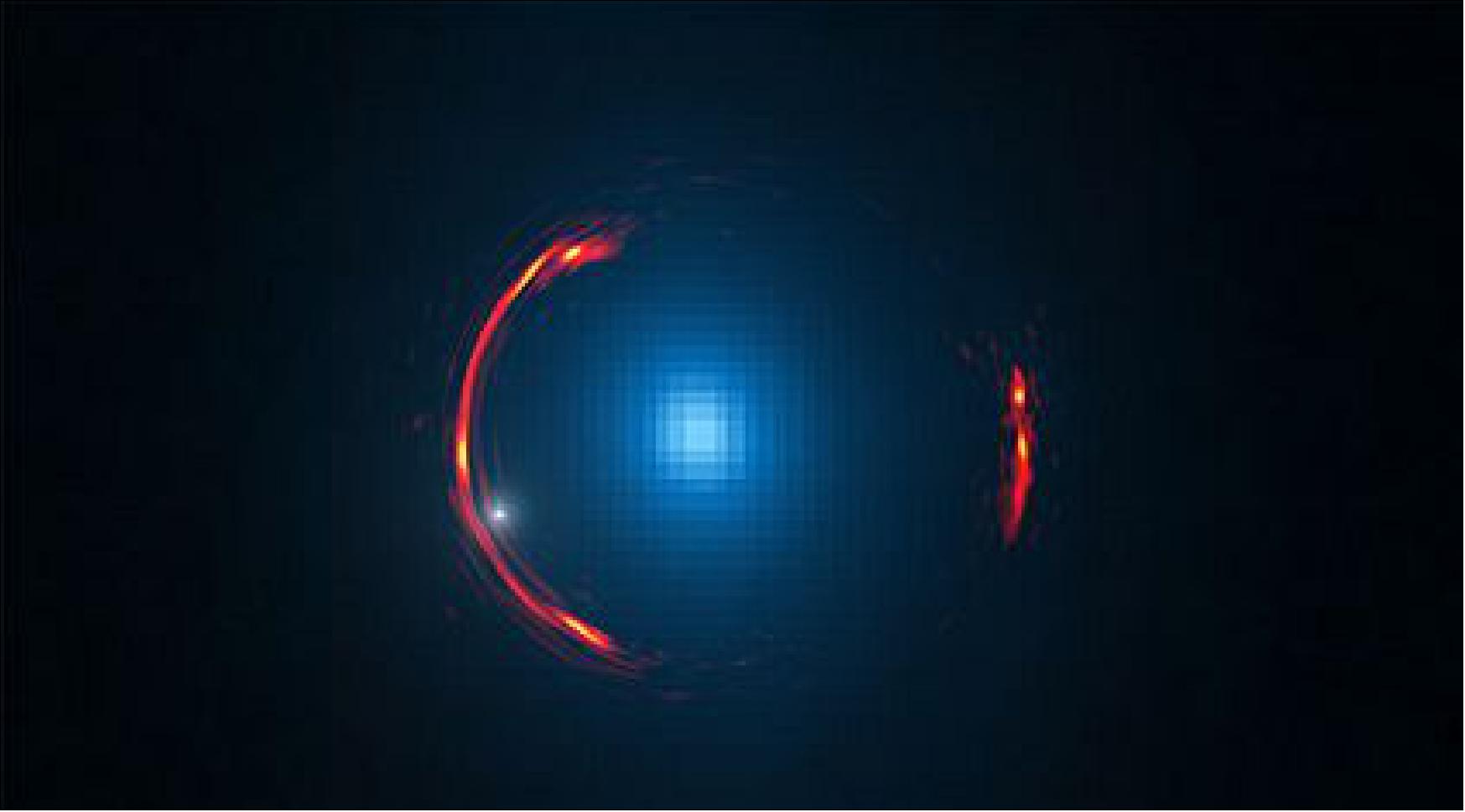 Figure 51: Composite image of the gravitational lens SDP.81 showing the distorted ALMA image of the more distant galaxy (red arcs) and the Hubble optical image of the nearby lensing galaxy (blue center object). By analyzing the distortions in the ring, astronomers have determined that a dark dwarf galaxy (data indicated by white dot near left lower arc segment) is lurking nearly 4 billion light-years away (image credit: Y. Hezaveh, Stanford University; ALMA (NRAO/ESO/NAOJ); NASA/ESA Hubble Space Telescope)