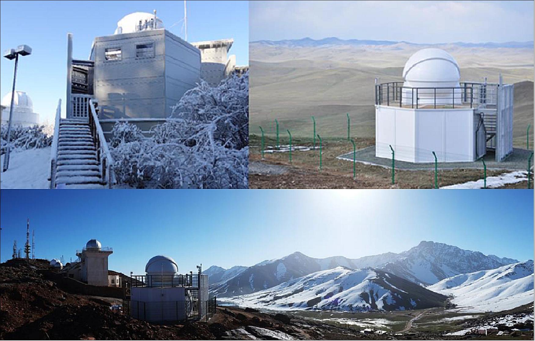 Figure 32: Upper left: OWL test-bed in Daejeon, Korea; upper right: OWL-NET observatory in Songino, Mongolia; bottom: OWL-NET observatory in Oukaimeden, Morocco (image credit: KASI)