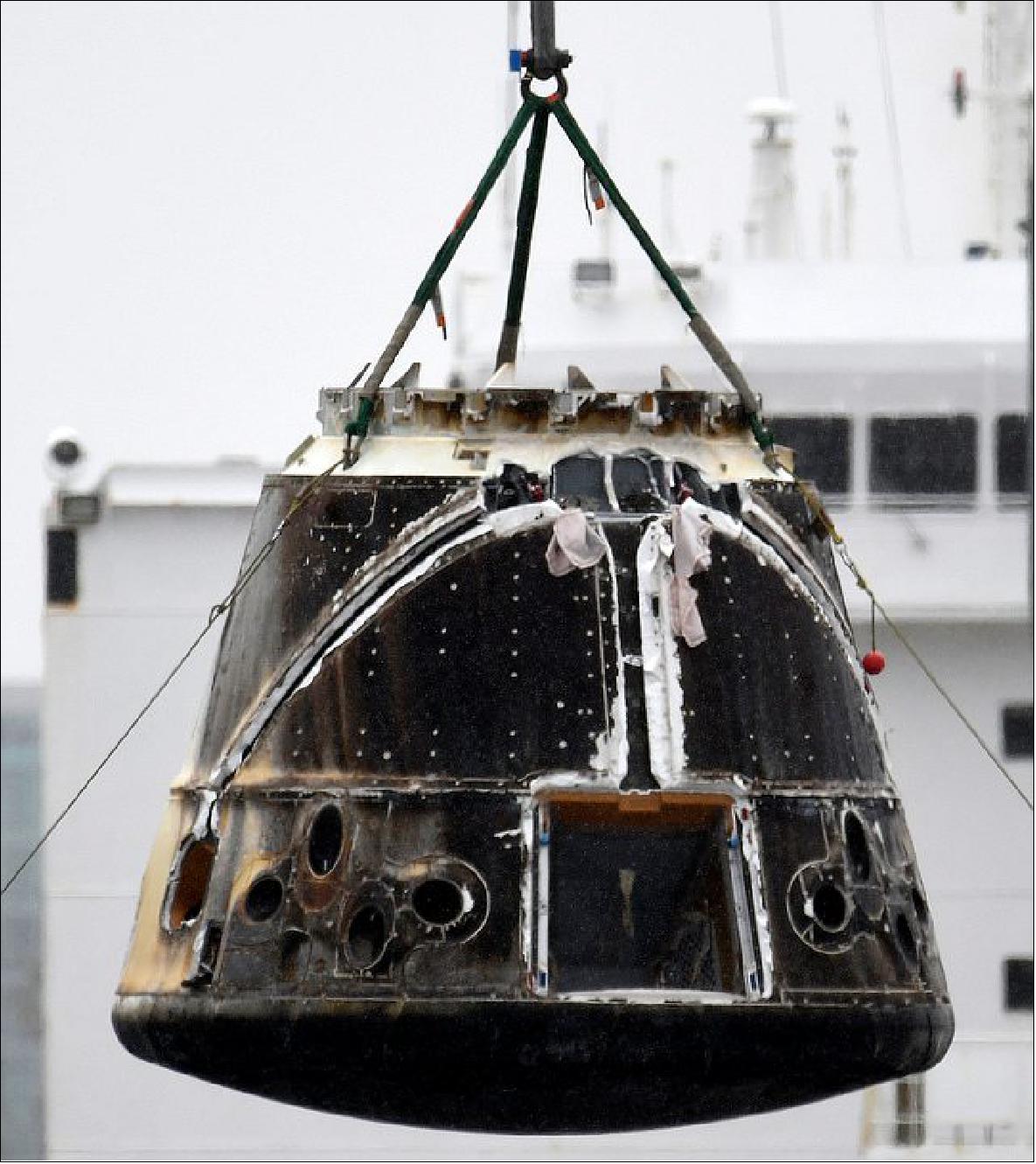 Figure 2: Photo of the recovered Dragon cargo capsule (photo credit: Gene Blevins/LA Daily News)