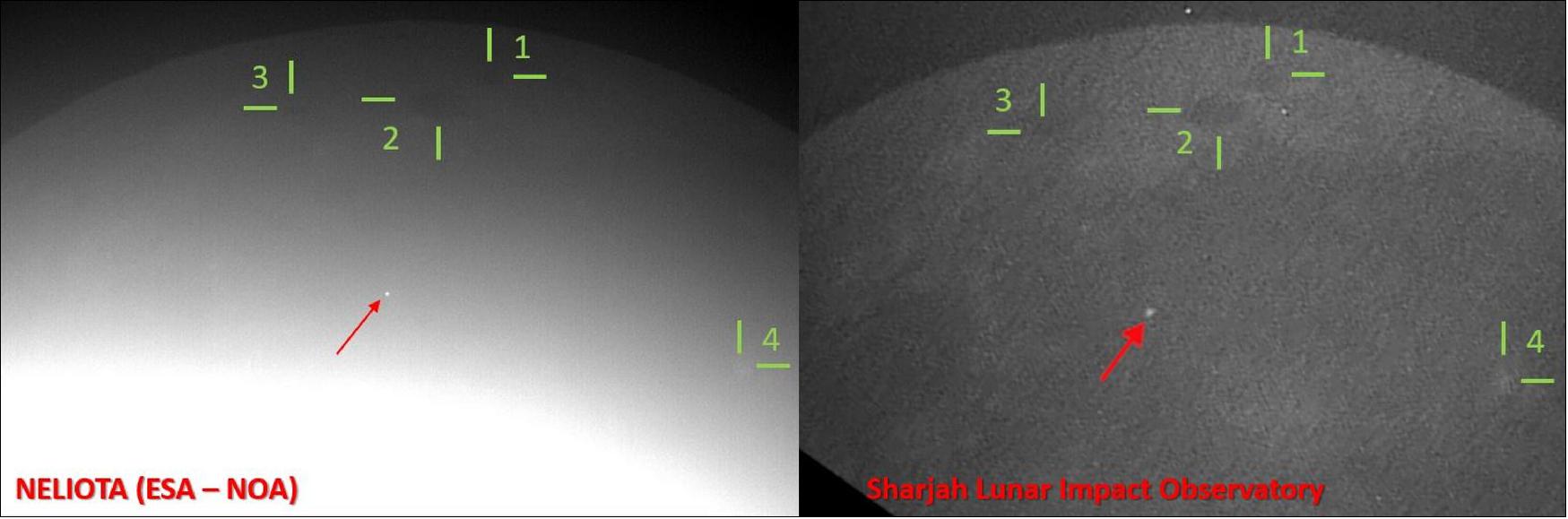 Figure 8: First joint-detection of lunar flash. Left: Lunar image showing the 100th flash (red arrow) detected by the NELIOTA project on 1 March 2020 at 16:54:24.09 UT. Right: Lunar image from the Sharjah Lunar Impact Observatory showing the same flash (red arrow). The numbered areas in both images indicate lunar features used for the comparison. The lunar north pole is on the right (image credit: ESA)