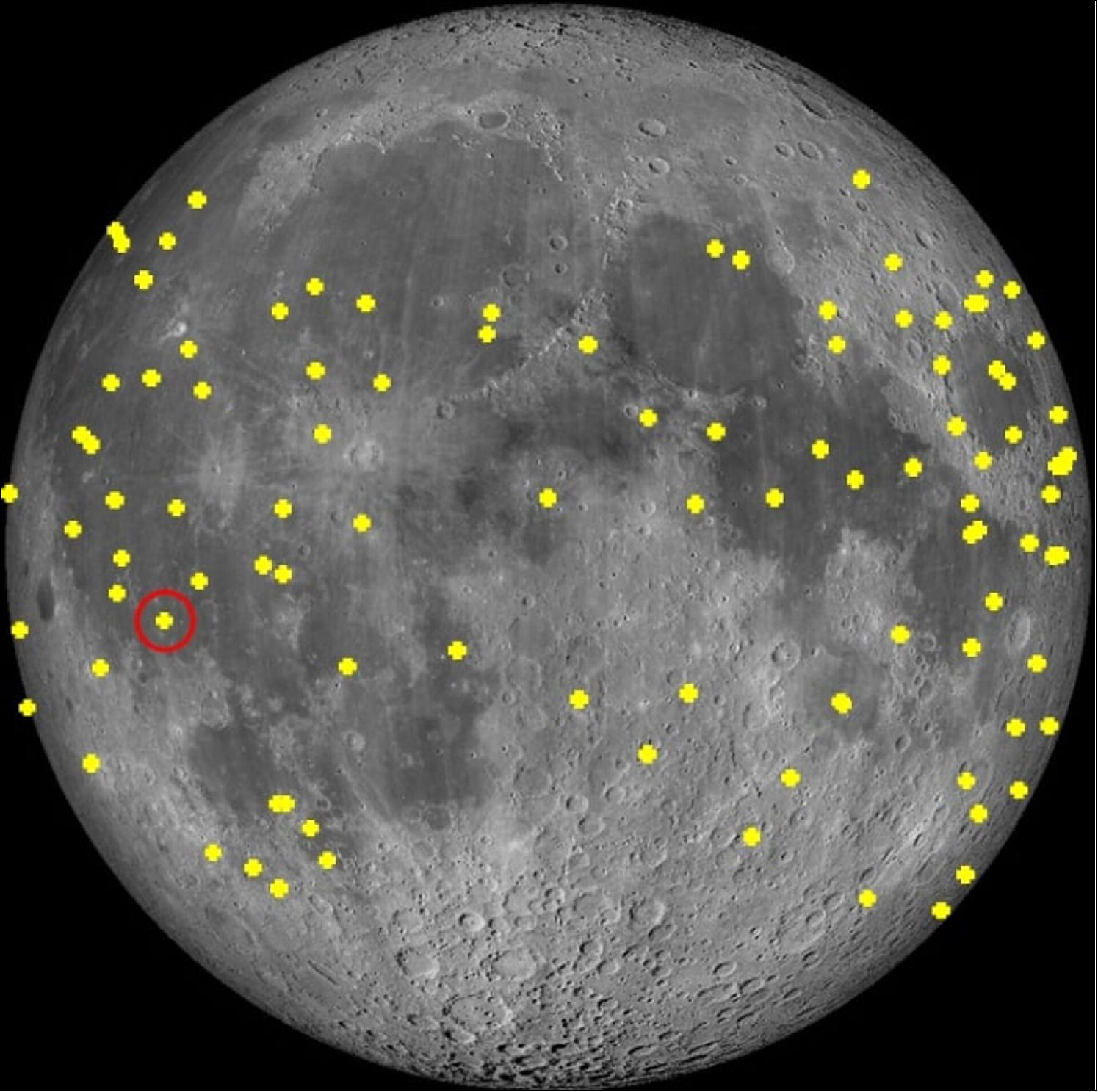 Figure 7: Locations of the 102 validated flashes observed by the NELIOTA project (in yellow) up to 27 March 2020. The flash in the red circle was also detected by the team of the Sharjah Academy for Astronomy, Space sciences & Technology, UAE. The lunar north pole is at the top (image credit: ESA / NELIOTA)