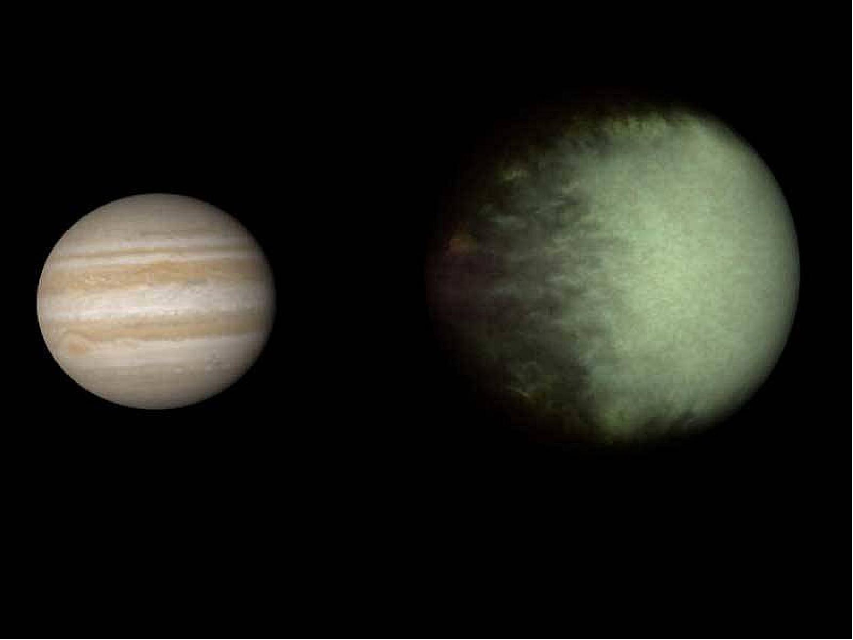 Figure 22: Kepler-7b (right), which is 1.5 times the radius of Jupiter (left), is the first exoplanet to have its clouds mapped. The cloud map was produced using data from NASA's Kepler and Spitzer space telescopes (image credit: NASA/JPL)