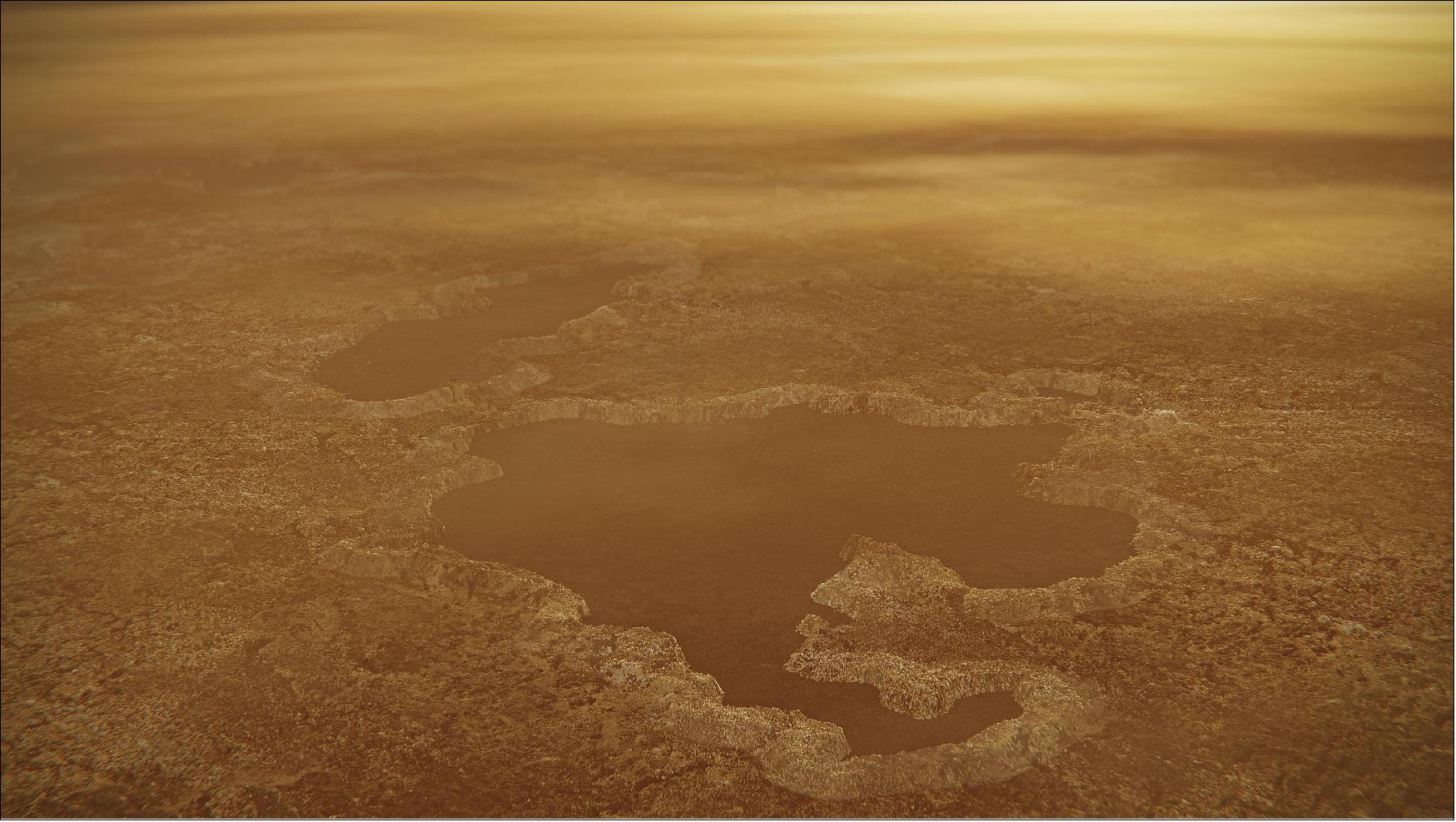 Figure 20: This artist's concept of a lake at the north pole of Saturn's moon Titan illustrates raised rims and rampartlike features such as those seen by NASA's Cassini spacecraft around the moon's Winnipeg Lacus. New research using Cassini radar data and modeling proposes that lake basins like these are likely explosion craters, which could have formed when liquid molecular nitrogen deposits within the crust warmed and quickly turned to vapor, blowing holes in the moon's crust. This would have happened during a warming event (or events) that occurred in a colder, nitrogen-dominated period in Titan's past. The new research may provide evidence of these cold periods in Titan's past, followed by a relative warming to conditions like those of today. Although Titan is frigid compared to Earth, methane in the atmosphere provides a greenhouse effect that warms the moon's surface (image credit: NASA/JPL-Caltech)
