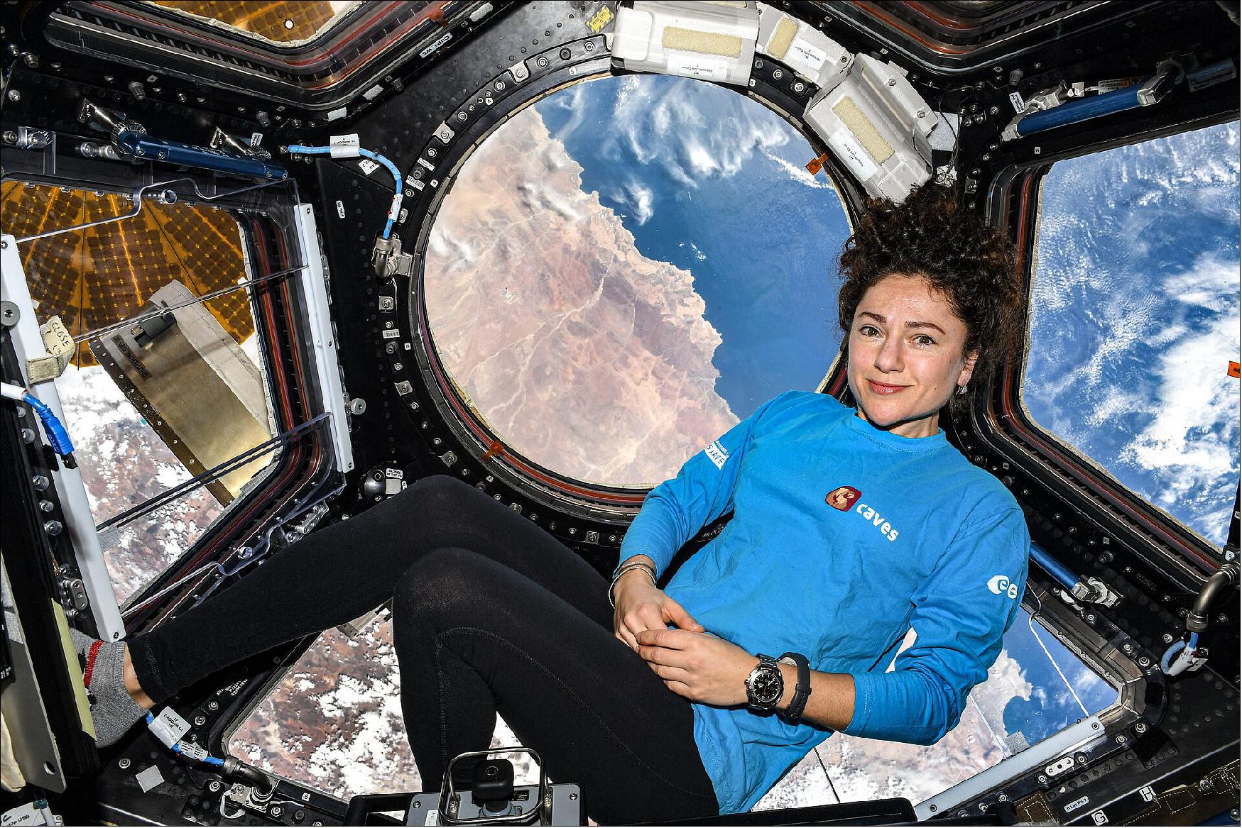 Figure 9: NASA astronaut Jessica Meir rocks her CAVES shirt in the Cupola on the International Space Station (image credit: NASA)