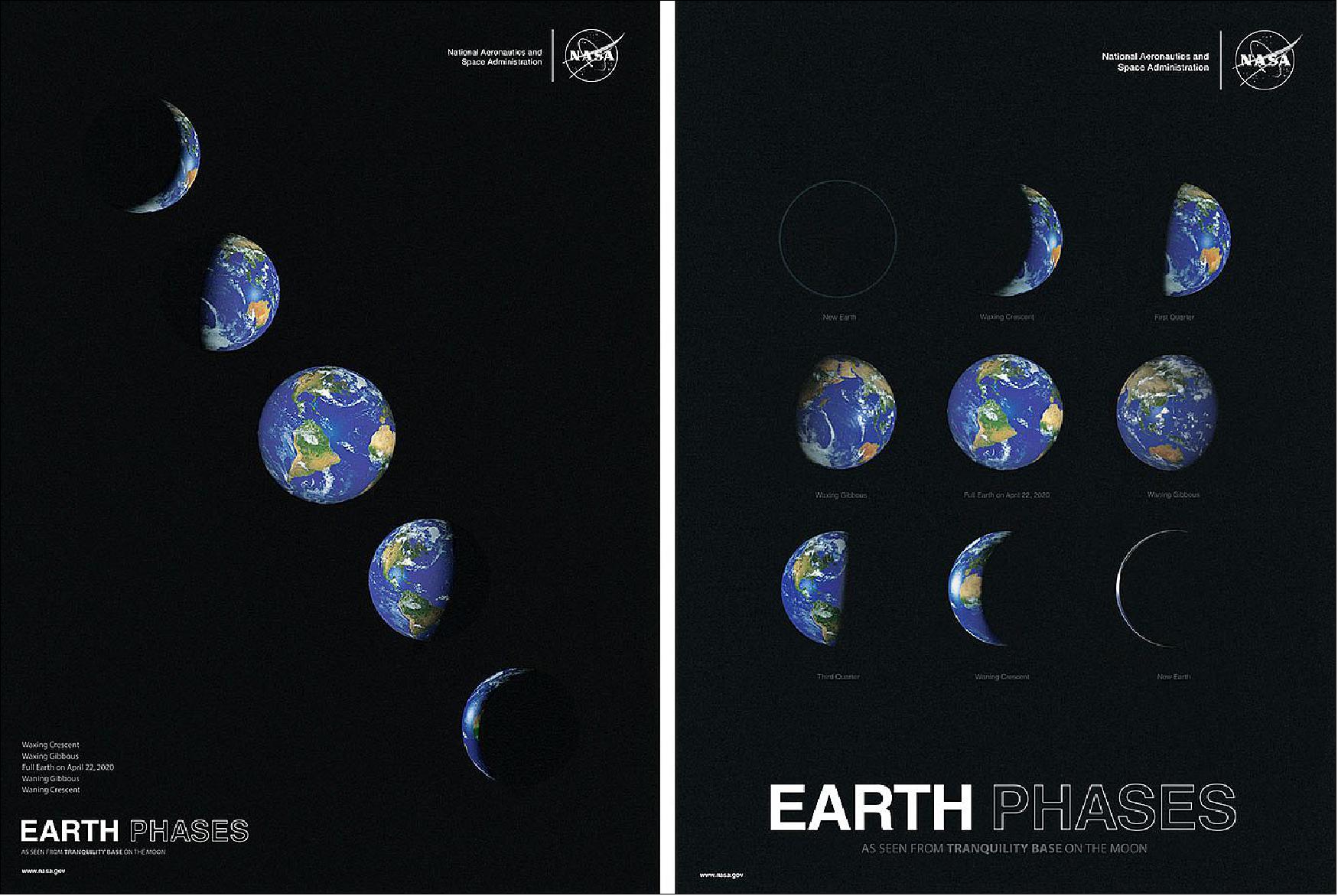 Figure 2: Our planet's phases wax and wane - just as the Moon's phases do - but in reverse order. Unlike the Moon, which always shows the same face to Earth, our planet spins noticeably on its axis every day. So someone on the Moon looking at Earth would observe its surface features change each day, as well as its phase. Shifting the perspective between planets and their moons, this poster captures those phases as they would be seen from the Moon, including the full Earth as it will actually appear on April 22, 2020 (image credit: NASA/JPL Caltech)