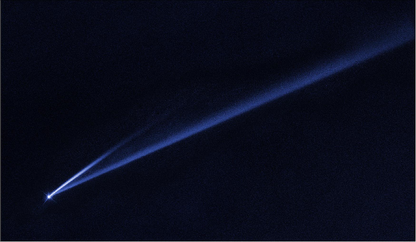 Figure 64: This Hubble Space Telescope image reveals the gradual self-destruction of an asteroid, whose ejected dusty material has formed two long, thin, comet-like tails. The longer tail stretches more than 500,000 miles (800,000 km) and is roughly 3,000 miles (4,800 km) wide. The shorter tail is about a quarter as long. The streamers will eventually disperse into space [image credit: NASA, ESA, K. Meech and J. Kleyna (University of Hawaii), and O. Hainaut (European Southern Observatory)]