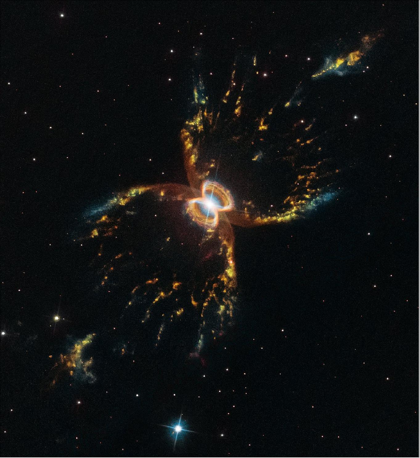 Figure 59: This incredible image of the hourglass-shaped Southern Crab Nebula was taken to mark the NASA/ESA Hubble Space Telescope's 29th anniversary in space. The nebula, created by a binary star system, is one of the many objects that Hubble has demystified throughout its productive life. This new image adds to our understanding of the nebula and demonstrates the telescope's continued capabilities (image credit: NASA, ESA, and STScI, CC BY 4.0)