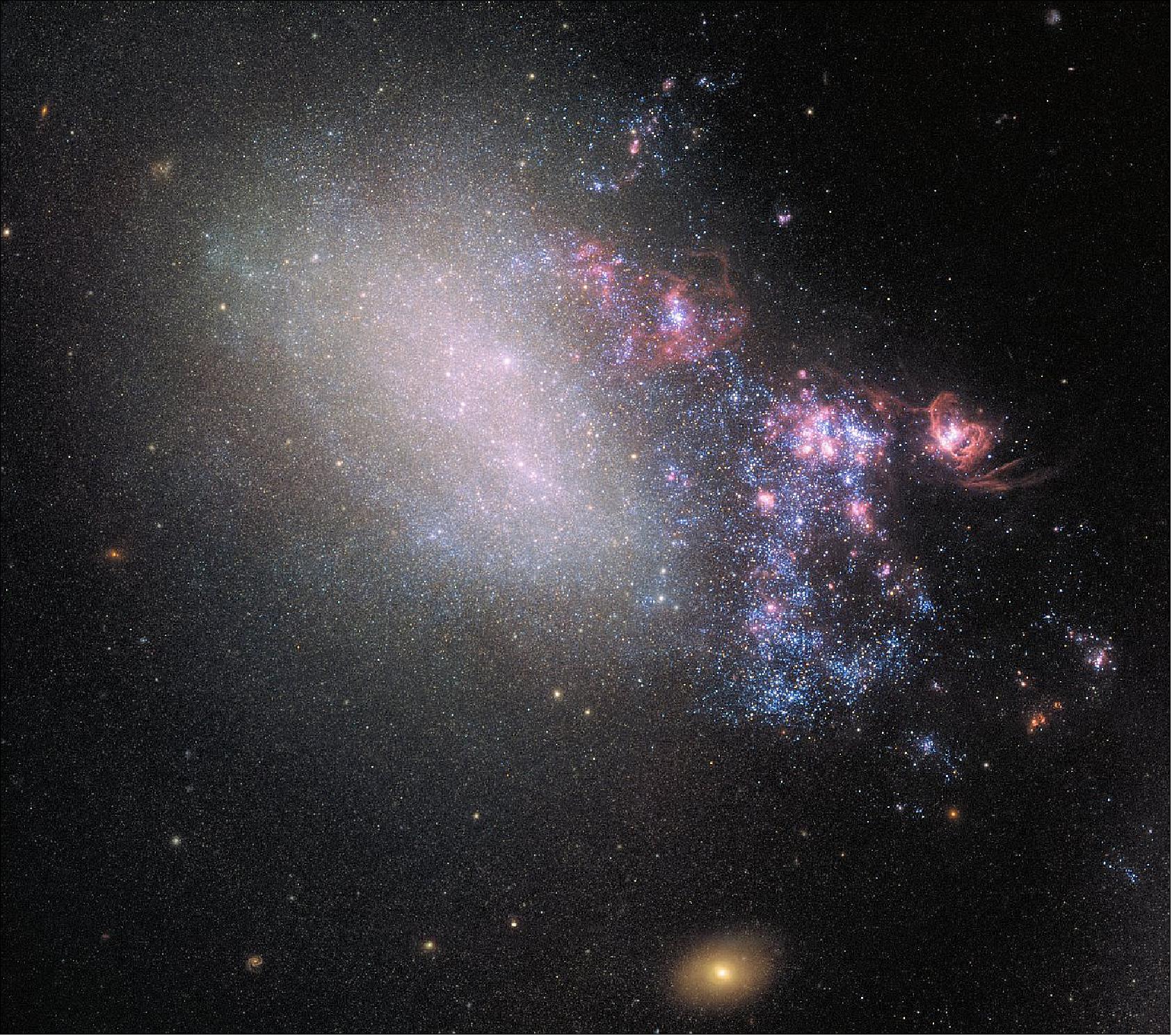 Figure 48: The NASA/ESA Hubble Space Telescope has taken a new look at the spectacular irregular galaxy NGC 4485, which has been warped and wound by its larger galactic neighbor. The gravity of the second galaxy has disrupted the ordered collection of stars, gas and dust, giving rise to an erratic region of newborn, hot, blue stars and chaotic clumps and streams of dust and gas (image credit: ESA, NASA)