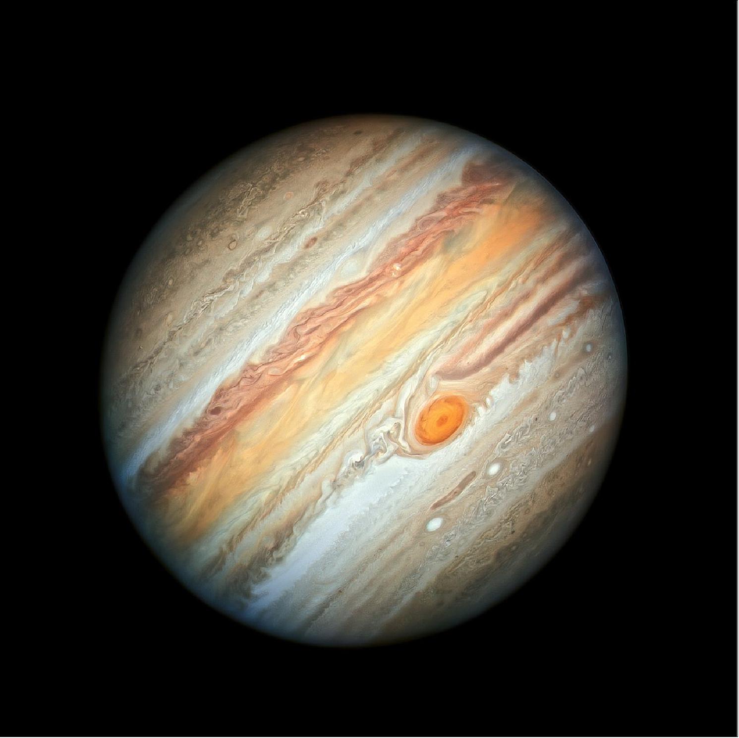 Figure 32: The NASA/ESA Hubble Space Telescope reveals the intricate, detailed beauty of Jupiter’s clouds in this new image taken on 27 June 2019 by Hubble’s Wide Field Camera 3, when the planet was 644 million kilometers from Earth — its closest distance this year. The image features the planet’s trademark Great Red Spot and a more intense color palette in the clouds swirling in the planet’s turbulent atmosphere than seen in previous years [image credit: NASA, ESA, A. Simon (Goddard Space Flight Center), and M.H. Wong (University of California, Berkeley)]