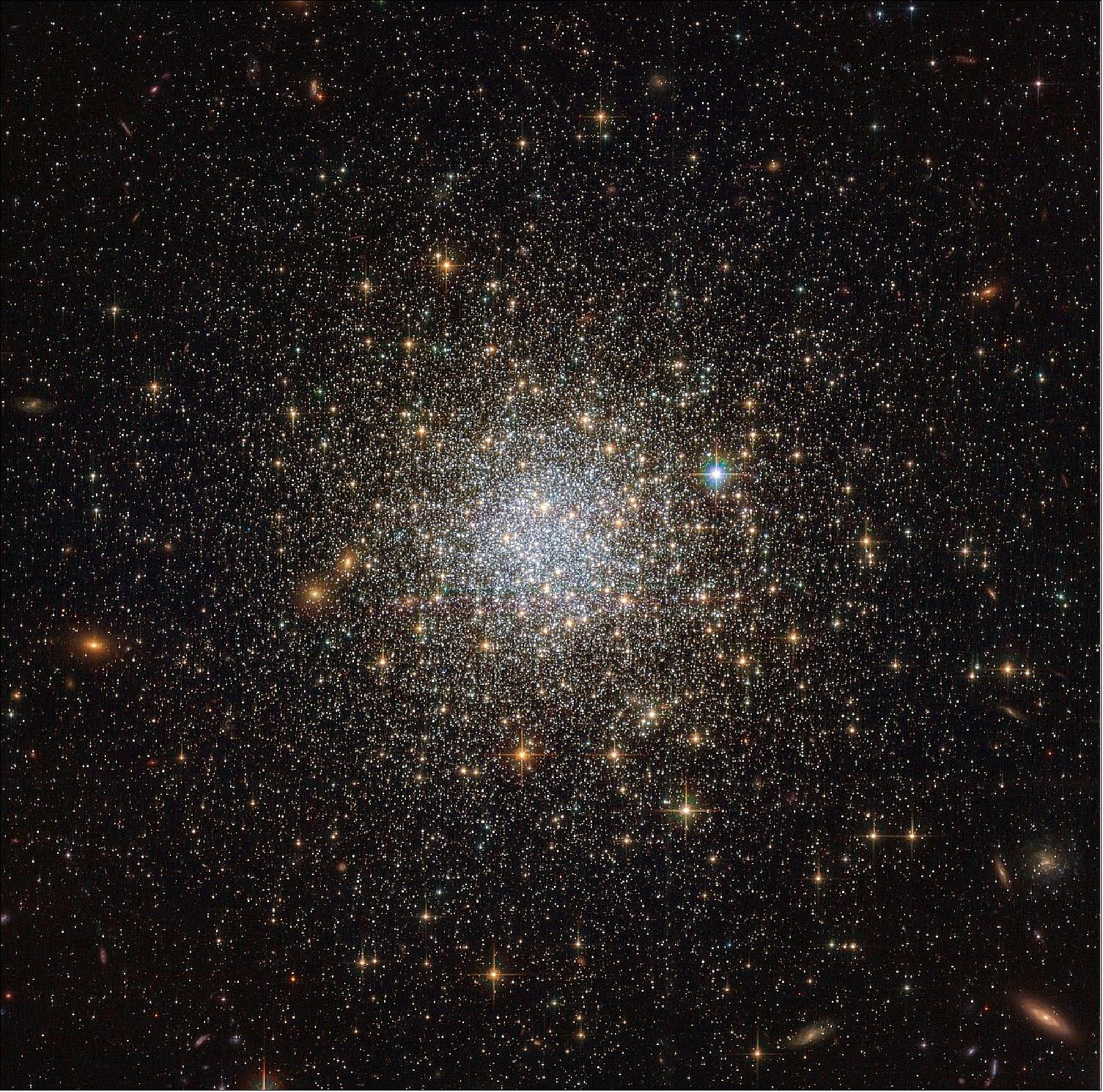 Figure 28: Just as people of the same age can vary greatly in appearance and shape, so do collections of stars or stellar aggregates. New observations from the NASA/ESA Hubble Space Telescope suggest that chronological age alone does not tell the complete story when it comes to the evolution of star clusters. — This image from the NASA/ESA Hubble Space Telescope reveals an ancient, glimmering ball of stars called NGC 1466. It is a globular cluster — a gathering of stars all held together by gravity — that is slowly moving through space on the outskirts of the Large Magellanic Cloud, one of our closest galactic neighbors. NGC 1466 certainly is one for extremes. It has a mass equivalent to roughly 140,000 Suns and an age of around 13.1 billion years, making it almost as old as the Universe itself. This fossil-like relic from the early Universe lies some 160,000 light-years away from us. NGC 1466 is one of the 5 clusters in the LMC in which the level of dynamical evolution (or "dynamical age") was measured (image credit: ESA/Hubble & NASA)