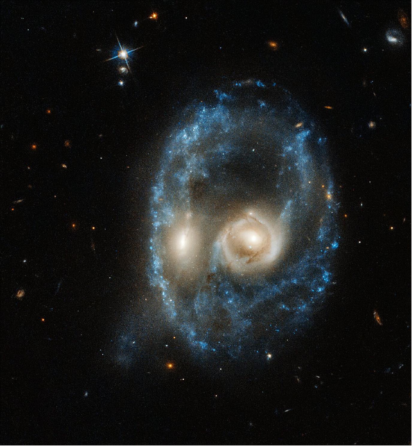 Figure 13: In celebration of Halloween, this new image from the NASA/ESA Hubble Space Telescope captures two galaxies of equal size in a collision that appears to resemble a ghostly face. This observation was made on 19 June 2019 in visible light by the telescope’s ACS (Advanced Camera for Surveys). This system is catalogued as Arp-Madore 2026-424 (AM 2026-424) in the Arp-Madore “Catalog of Southern Peculiar Galaxies and Associations”[image credit: NASA, ESA, J. Dalcanton, B. F. Williams, and M. Durbin (University of Washington)]