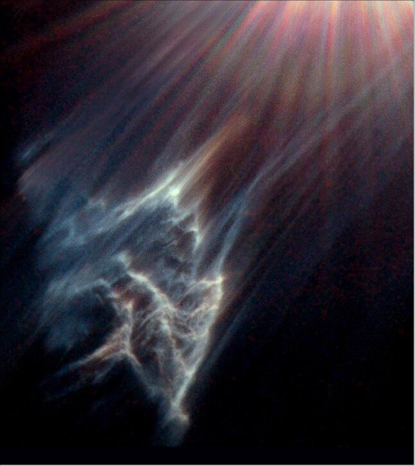 Figure 12: This ghostly image shows what can happen when an interstellar cloud passes too close to a star. Barnard's Merope Nebula, also known as IC 349, is a cloud of interstellar gas and dust travelling through the Pleiades star cluster at a relative speed of 11 km/s. It is passing close to the star Merope, located 0.06 light years away from the cloud, which is equivalent to about 3 500 times the distance between the Earth and the Sun. This passage is disrupting the nebula and creating the wispy effect seen in the image [image credit: NASA/ESA and The Hubble Heritage Team (STScI/AURA), George Herbig and Theodore Simon (University of Hawaii)]