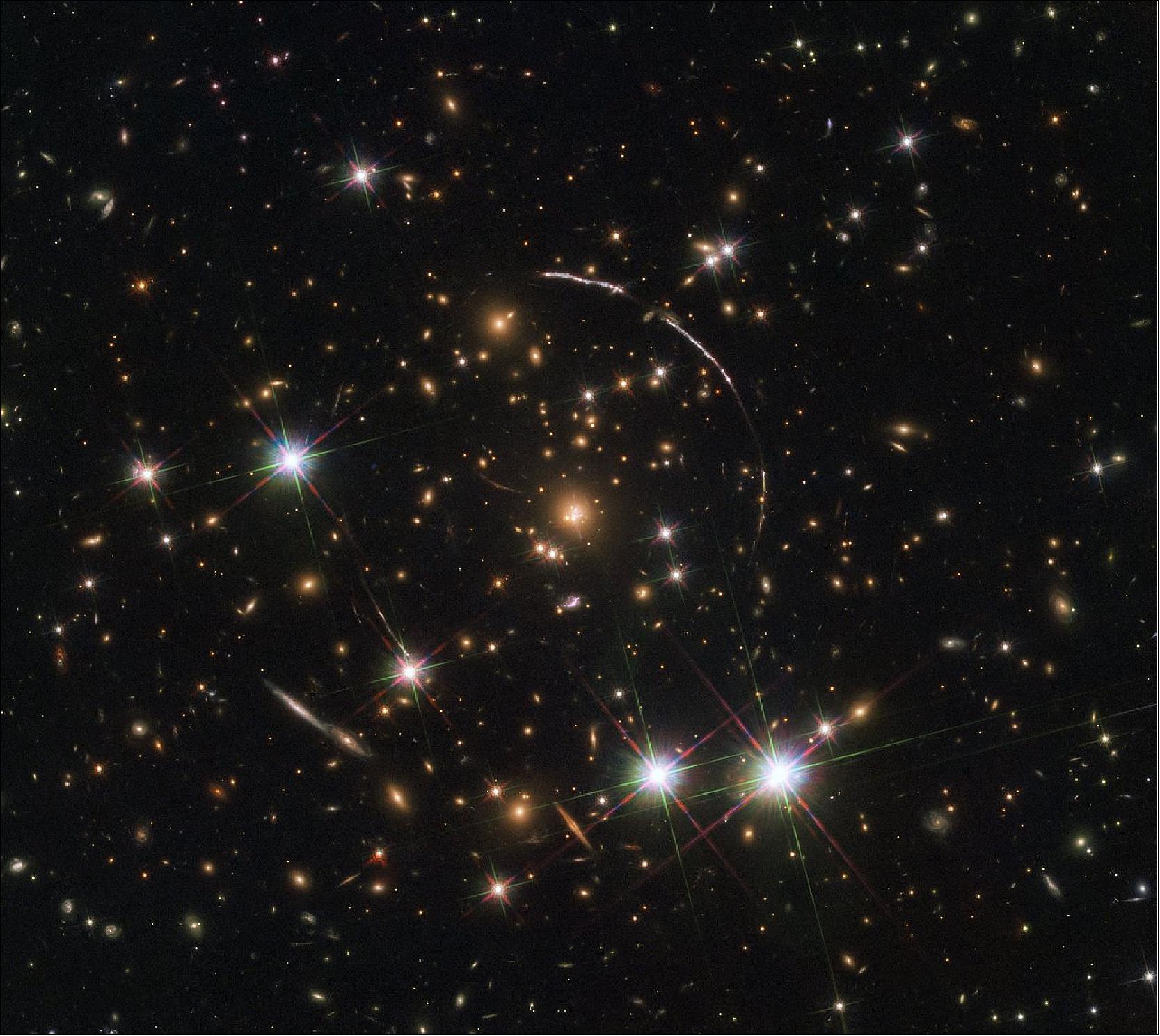 Figure 11: Astronomers using the NASA/ESA Hubble Space Telescope have observed a galaxy in the distant regions of the Universe which appears duplicated at least 12 times on the night sky. This unique sight, created by strong gravitational lensing, helps astronomers get a better understanding of the cosmic era known as the epoch of reionization (image credit: ESA, NASA, E. Rivera-Thorsen et al.)